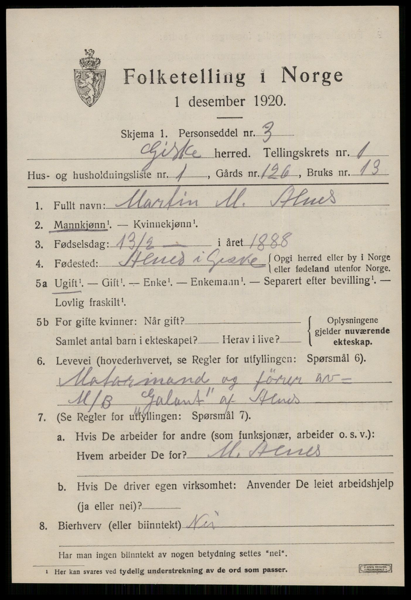 SAT, 1920 census for Giske, 1920, p. 518