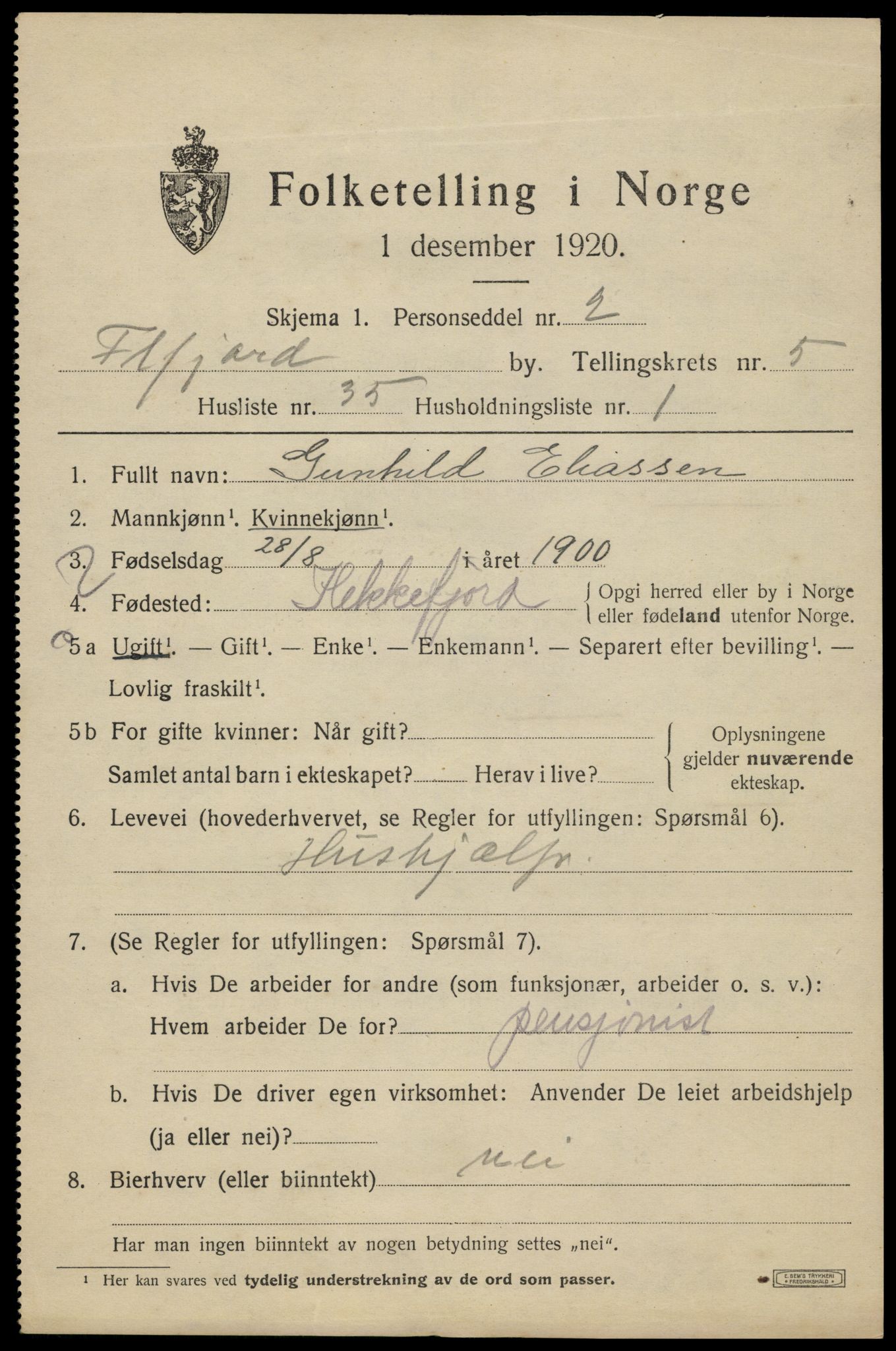 SAK, 1920 census for Flekkefjord, 1920, p. 5734