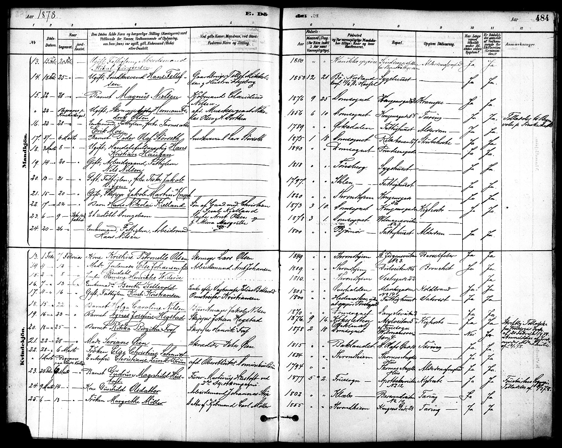 Ministerialprotokoller, klokkerbøker og fødselsregistre - Sør-Trøndelag, SAT/A-1456/601/L0058: Parish register (official) no. 601A26, 1877-1891, p. 484