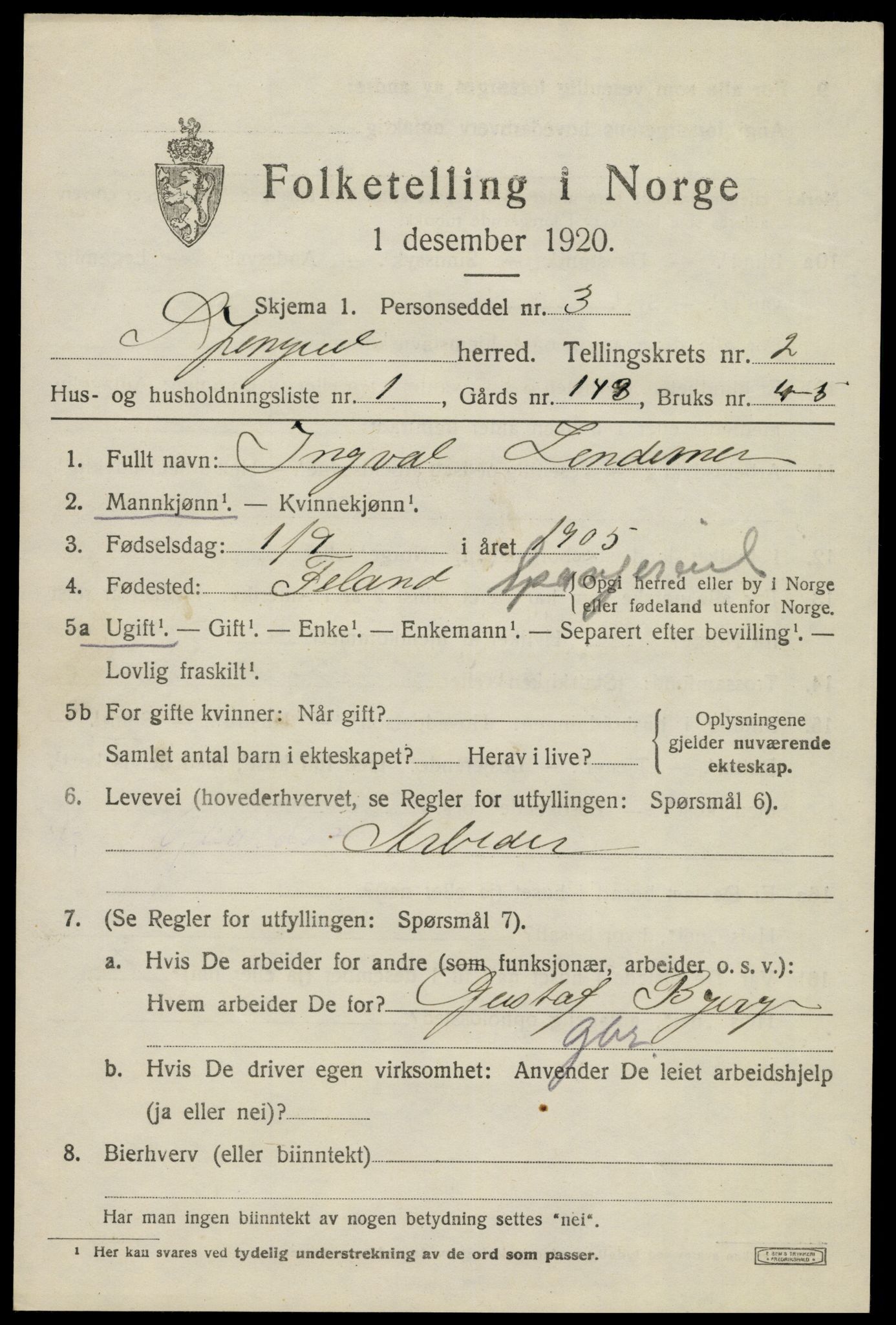 SAK, 1920 census for Spangereid, 1920, p. 1065