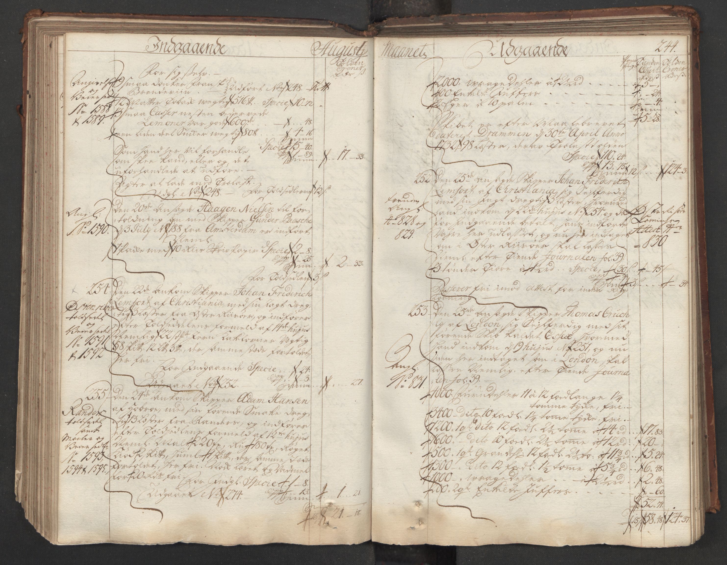 Generaltollkammeret, tollregnskaper, AV/RA-EA-5490/R06/L0015/0001: Tollregnskaper Kristiania / Hovedtollbok, 1733, p. 243b-244a