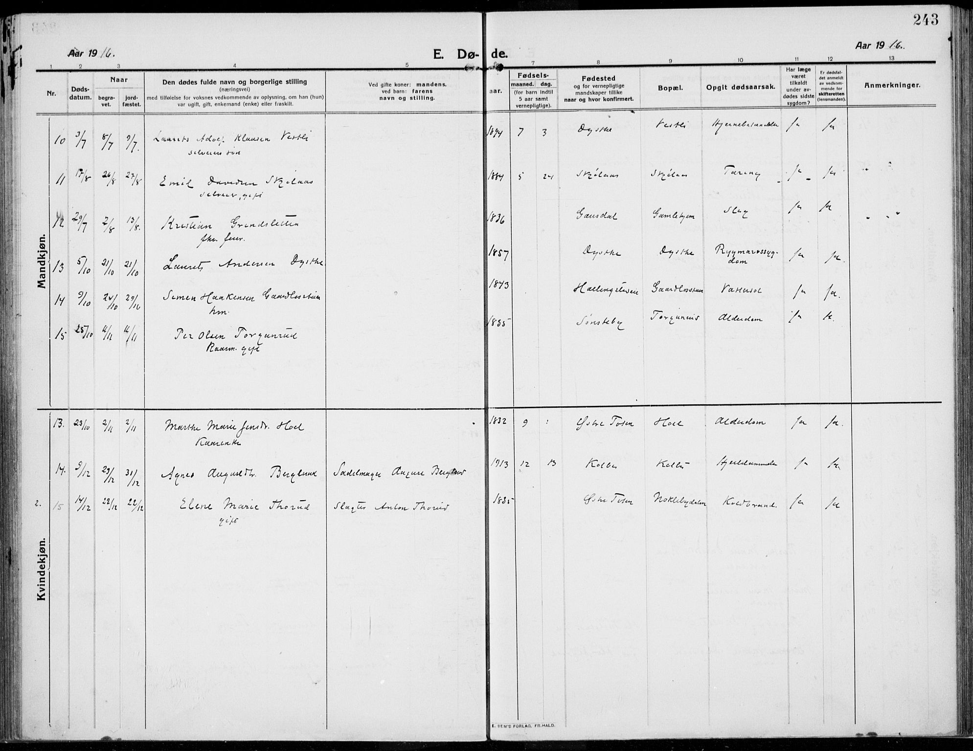 Kolbu prestekontor, SAH/PREST-110/H/Ha/Haa/L0002: Parish register (official) no. 2, 1912-1926, p. 243