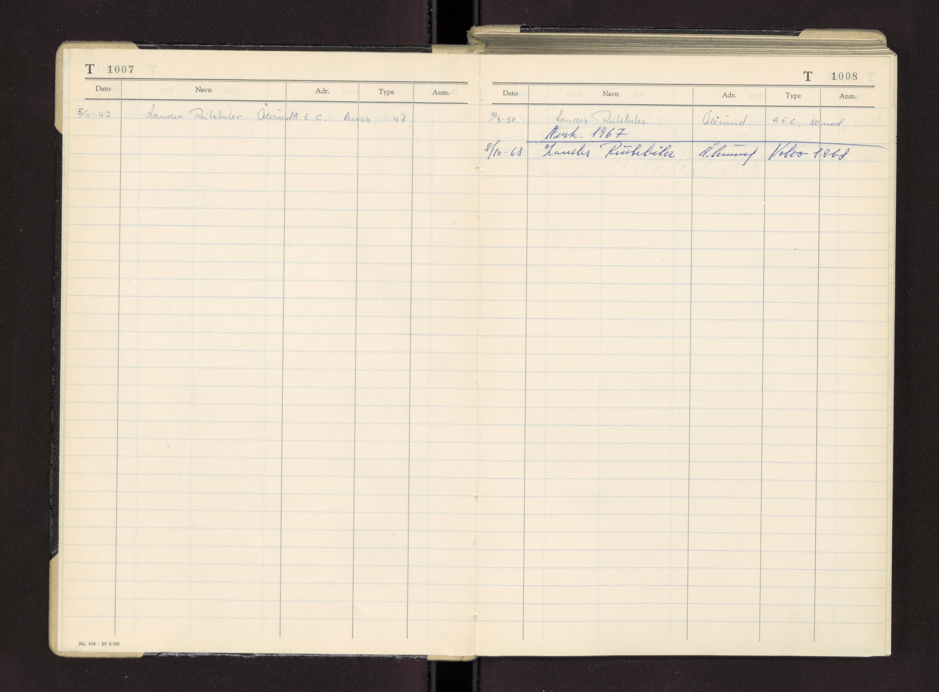 Møre og Romsdal vegkontor - Ålesund trafikkstasjon, AV/SAT-A-4099/F/Fc/L0003: Bilregister; T 1000 - T 1499, 1940-1970