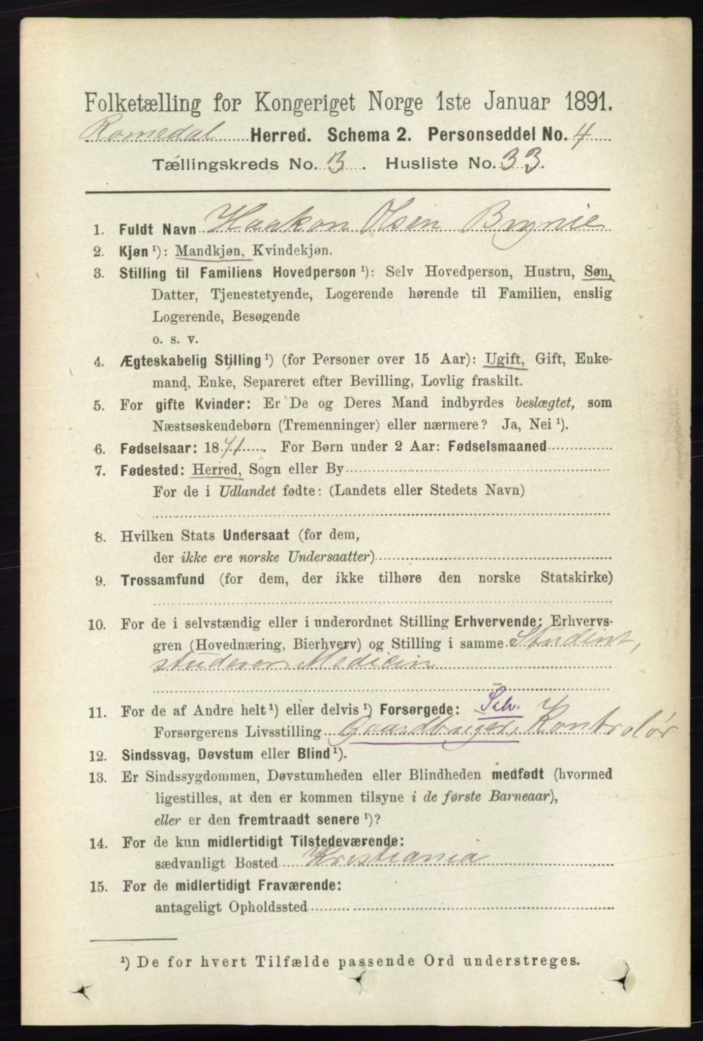 RA, 1891 census for 0416 Romedal, 1891, p. 1599