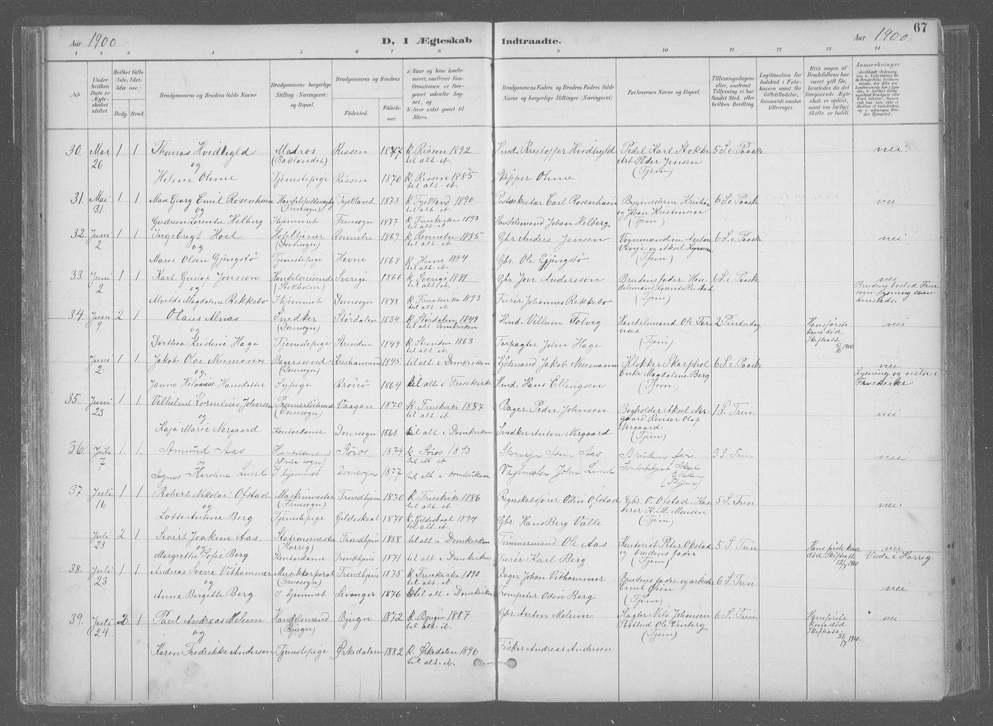 Ministerialprotokoller, klokkerbøker og fødselsregistre - Sør-Trøndelag, AV/SAT-A-1456/601/L0064: Parish register (official) no. 601A31, 1891-1911, p. 67