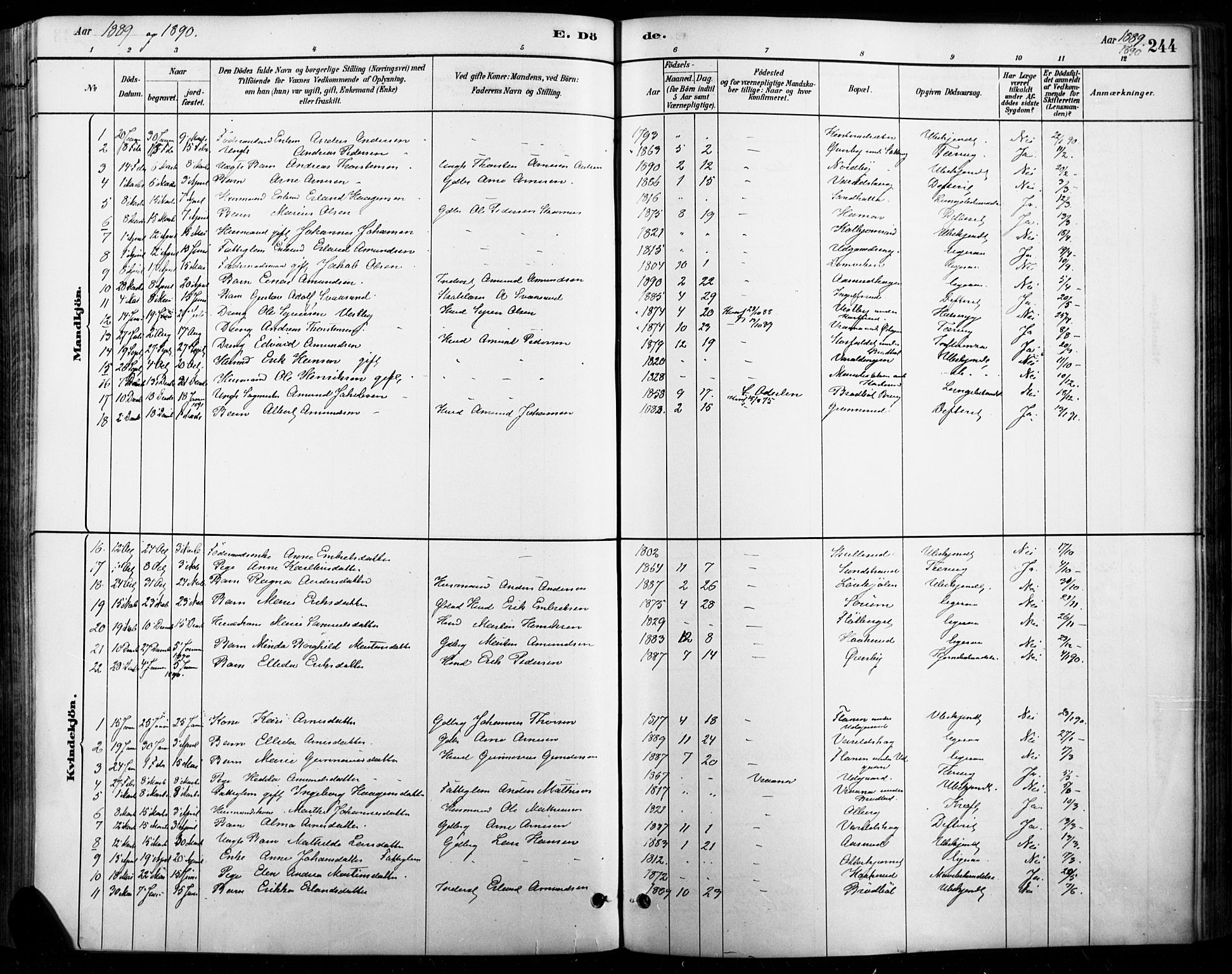 Vinger prestekontor, SAH/PREST-024/H/Ha/Haa/L0015: Parish register (official) no. 15, 1881-1900, p. 244