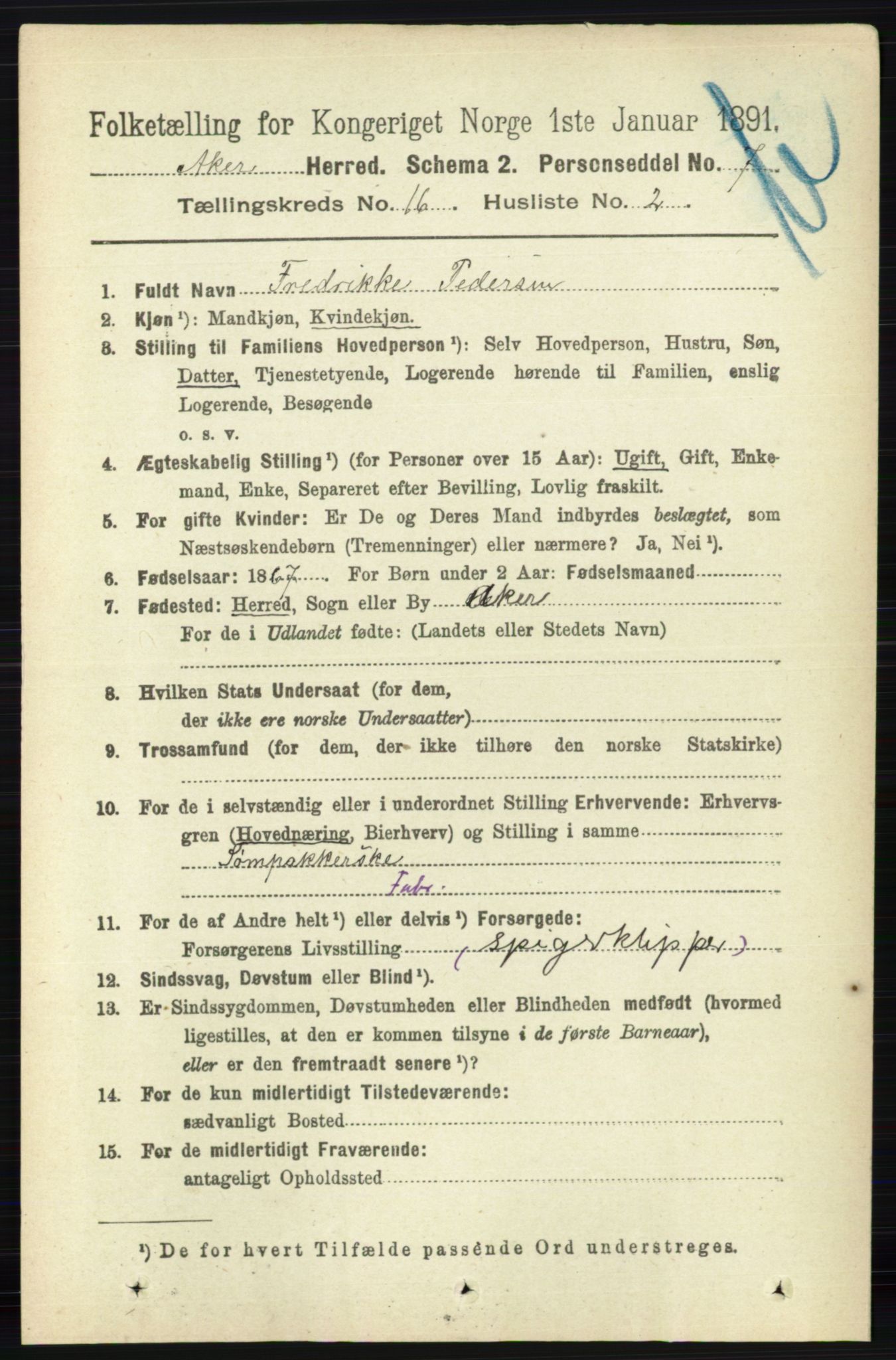 RA, 1891 census for 0218 Aker, 1891, p. 14050