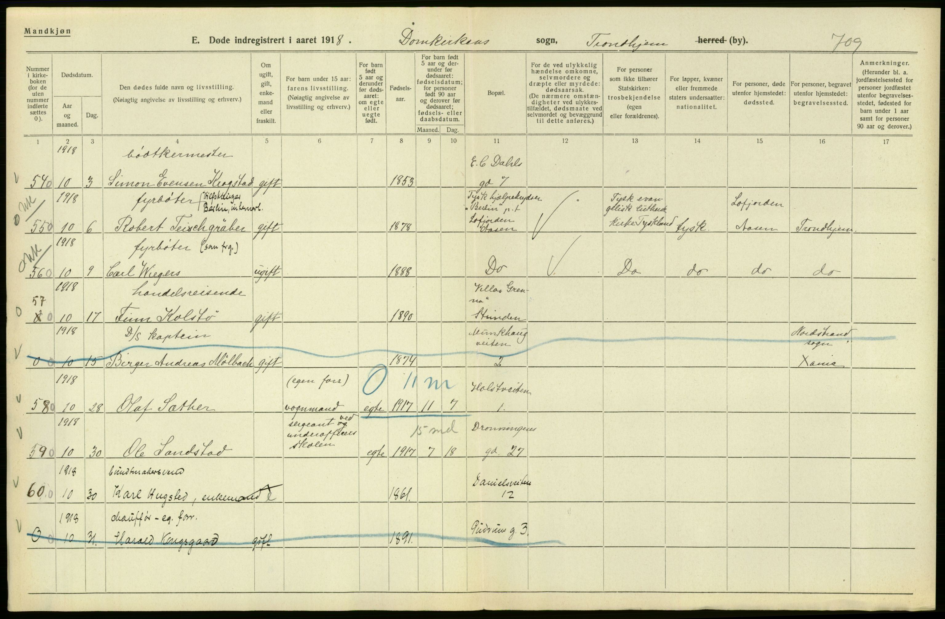 Statistisk sentralbyrå, Sosiodemografiske emner, Befolkning, AV/RA-S-2228/D/Df/Dfb/Dfbh/L0049: Trondheim: Døde, dødfødte., 1918, p. 26