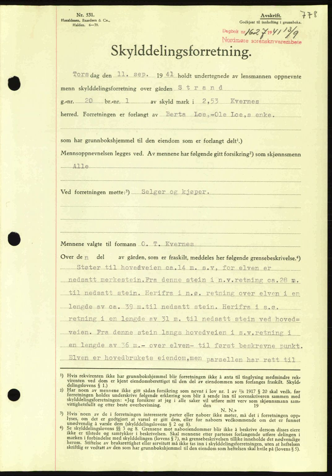 Nordmøre sorenskriveri, SAT/A-4132/1/2/2Ca: Mortgage book no. A90, 1941-1941, Diary no: : 1627/1941