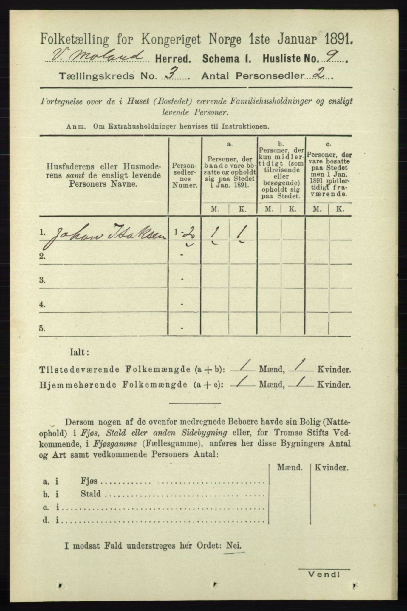 RA, 1891 census for 0926 Vestre Moland, 1891, p. 930