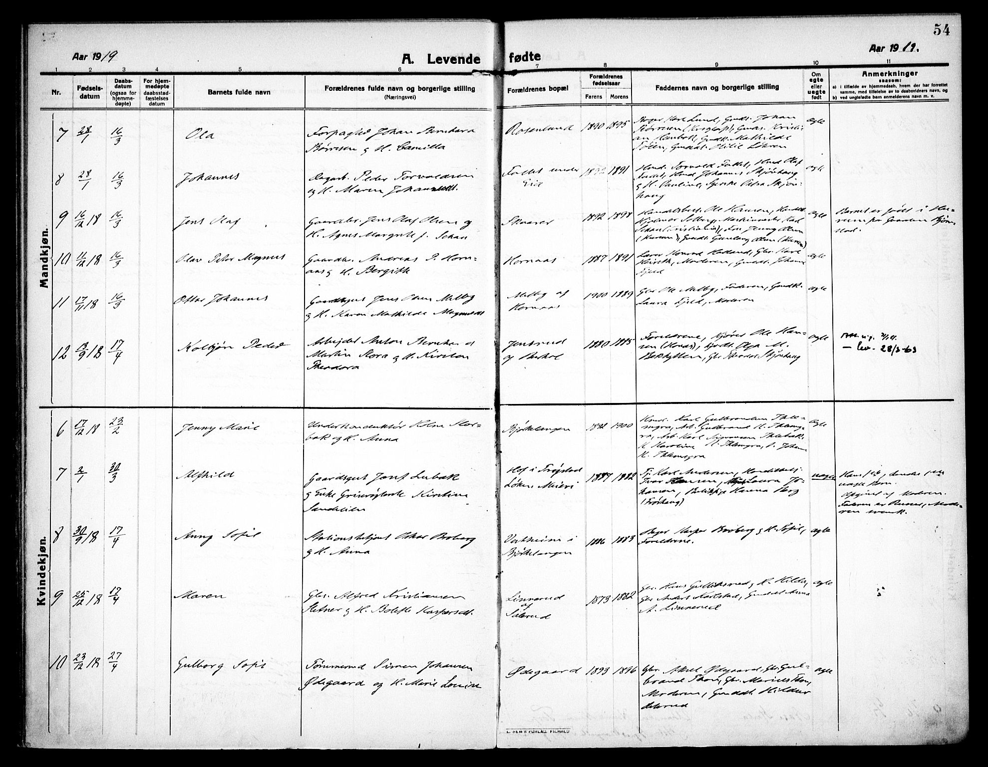 Høland prestekontor Kirkebøker, SAO/A-10346a/F/Fa/L0016: Parish register (official) no. I 16, 1912-1921, p. 54