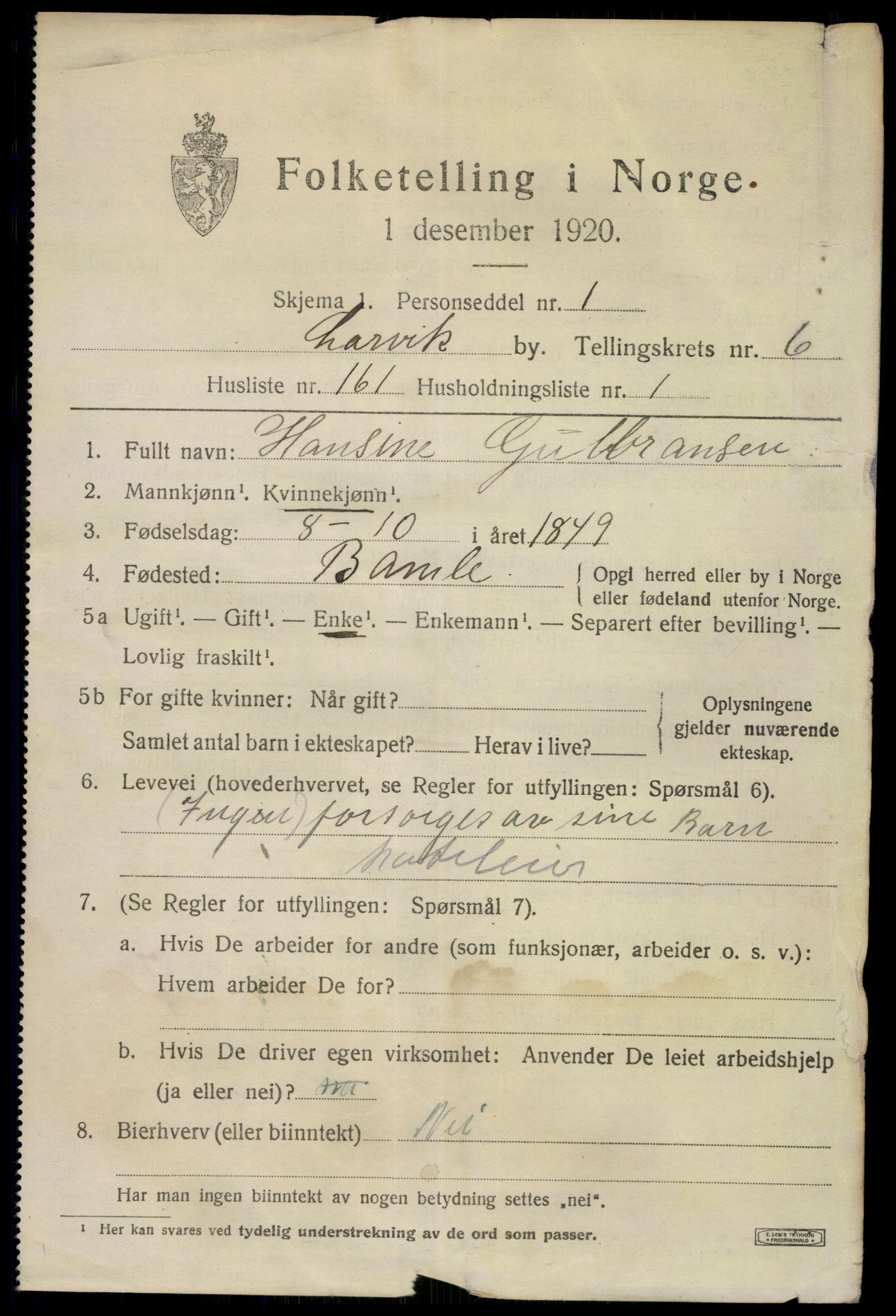 SAKO, 1920 census for Larvik, 1920, p. 20676