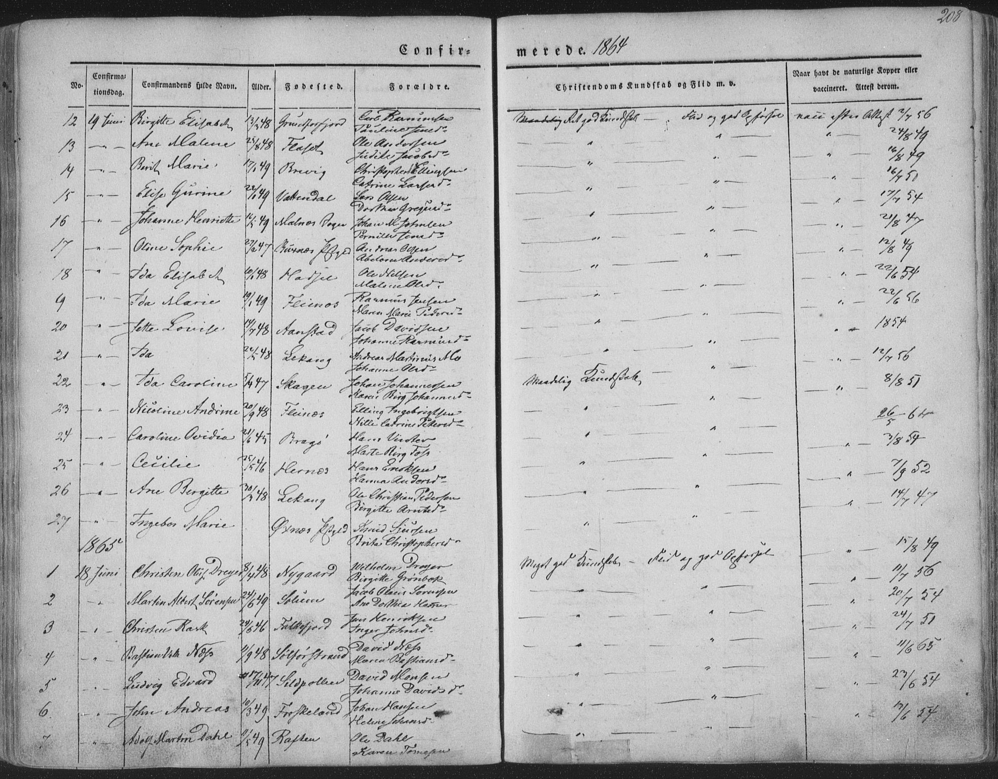 Ministerialprotokoller, klokkerbøker og fødselsregistre - Nordland, SAT/A-1459/888/L1241: Parish register (official) no. 888A07, 1849-1869, p. 208