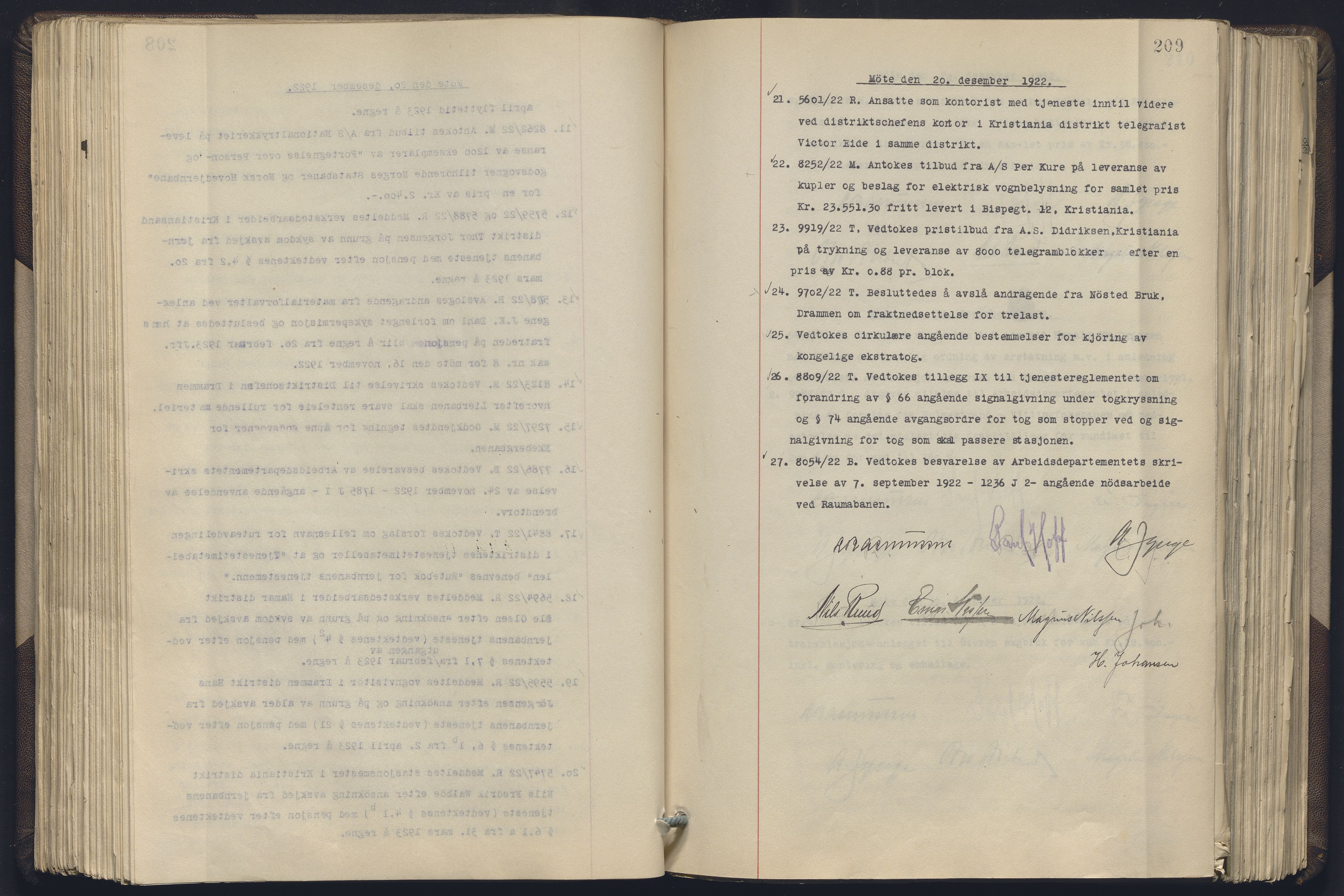 Norges statsbaner, Administrasjons- økonomi- og personalavdelingen, AV/RA-S-3412/A/Aa/L0019: Forhandlingsprotokoll, 1922-1924, p. 209