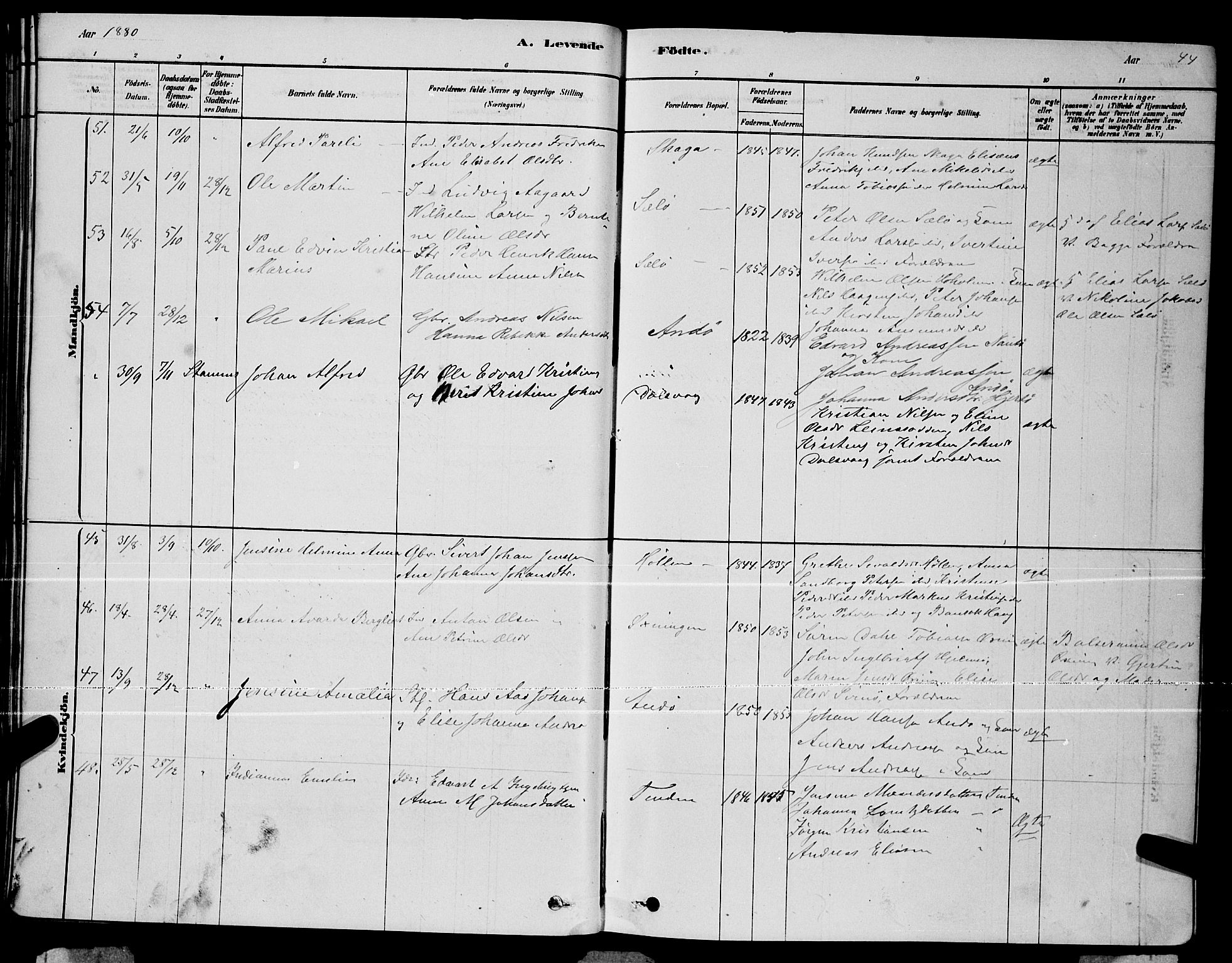 Ministerialprotokoller, klokkerbøker og fødselsregistre - Nordland, AV/SAT-A-1459/834/L0513: Parish register (copy) no. 834C04, 1877-1892, p. 44