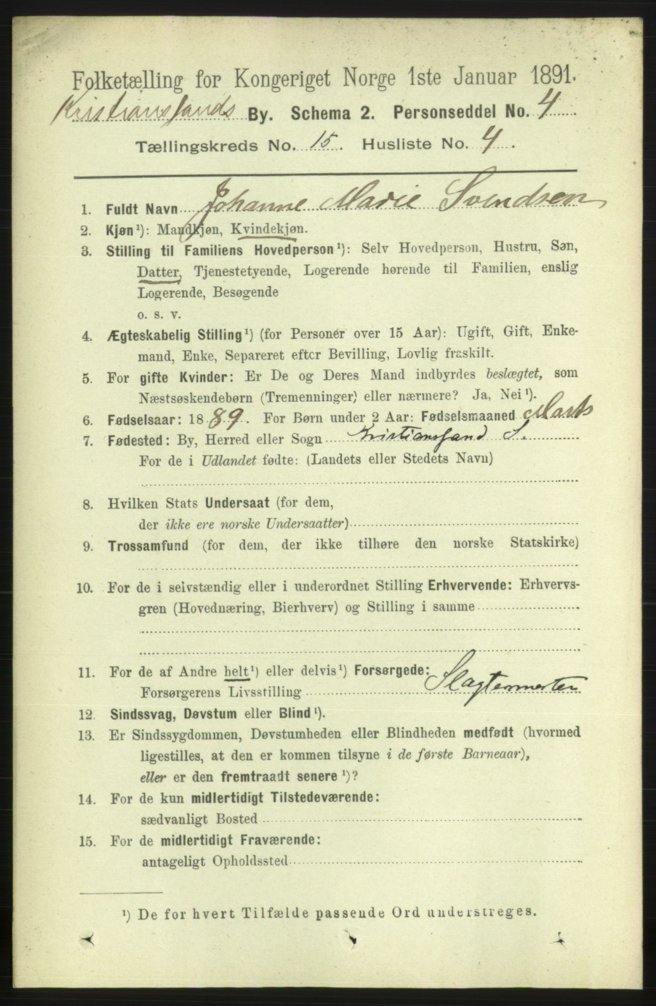 RA, 1891 census for 1001 Kristiansand, 1891, p. 6336