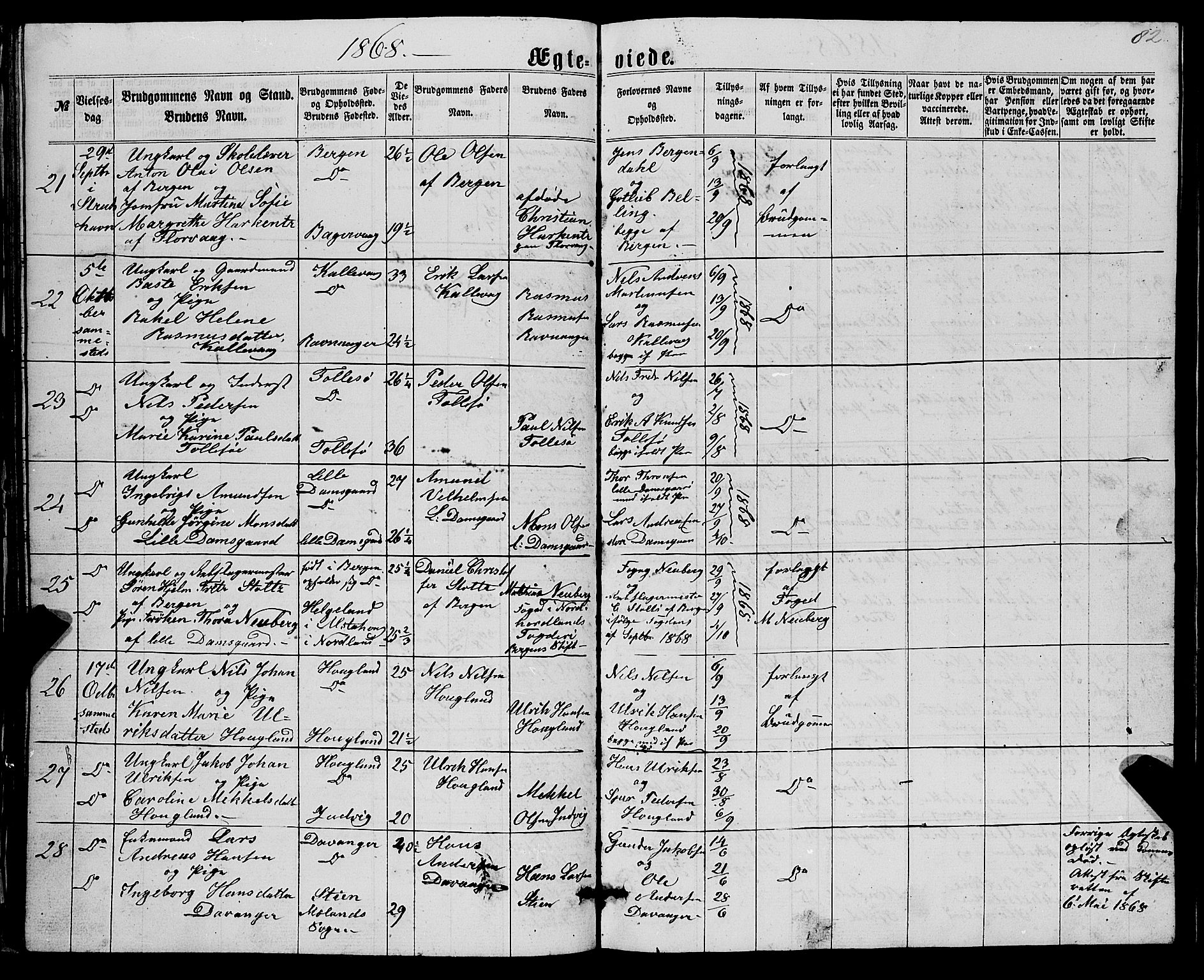 Askøy Sokneprestembete, AV/SAB-A-74101/H/Ha/Hab/Haba/L0006: Parish register (copy) no. A 6, 1861-1881, p. 82