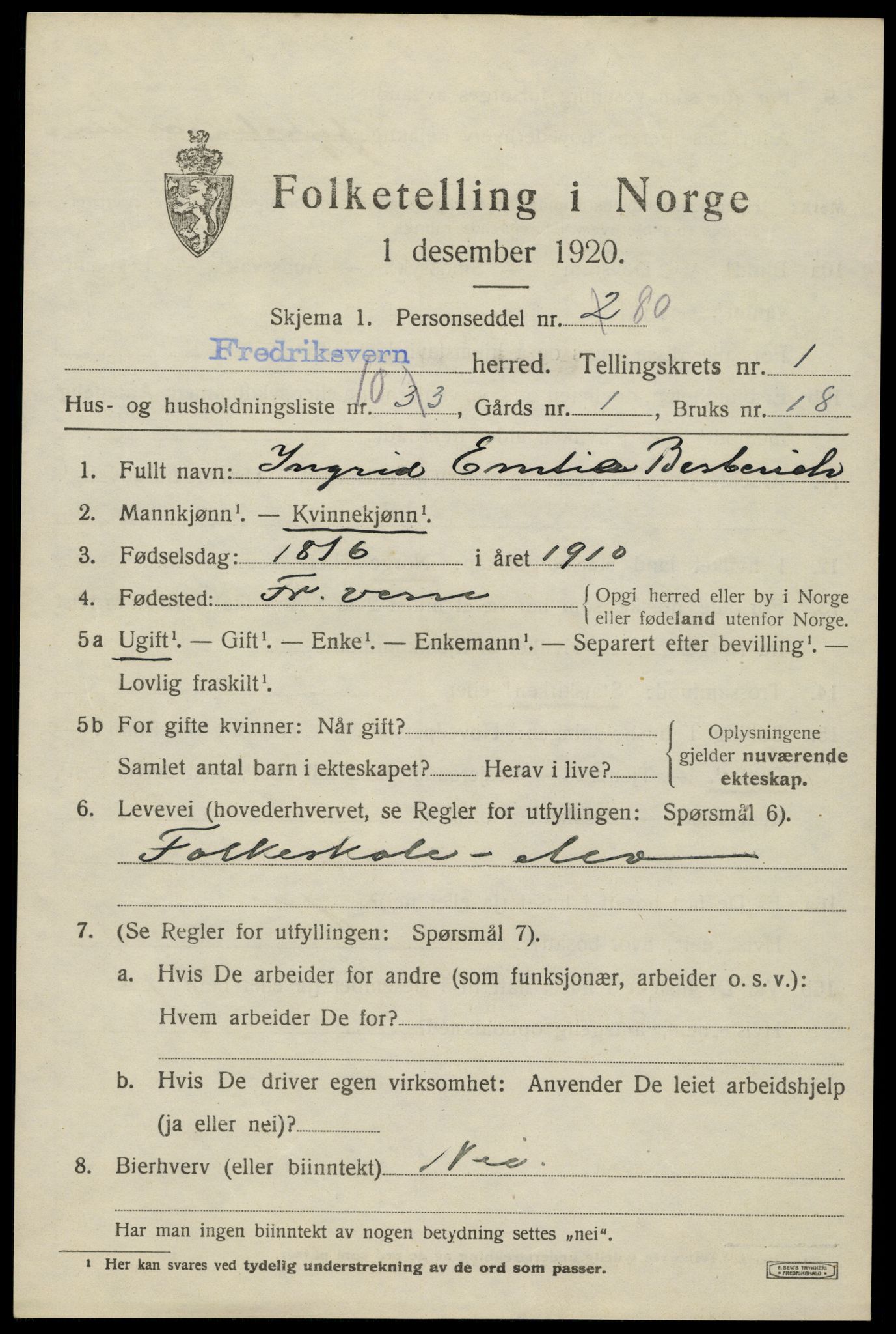 SAKO, 1920 census for Fredriksvern, 1920, p. 609