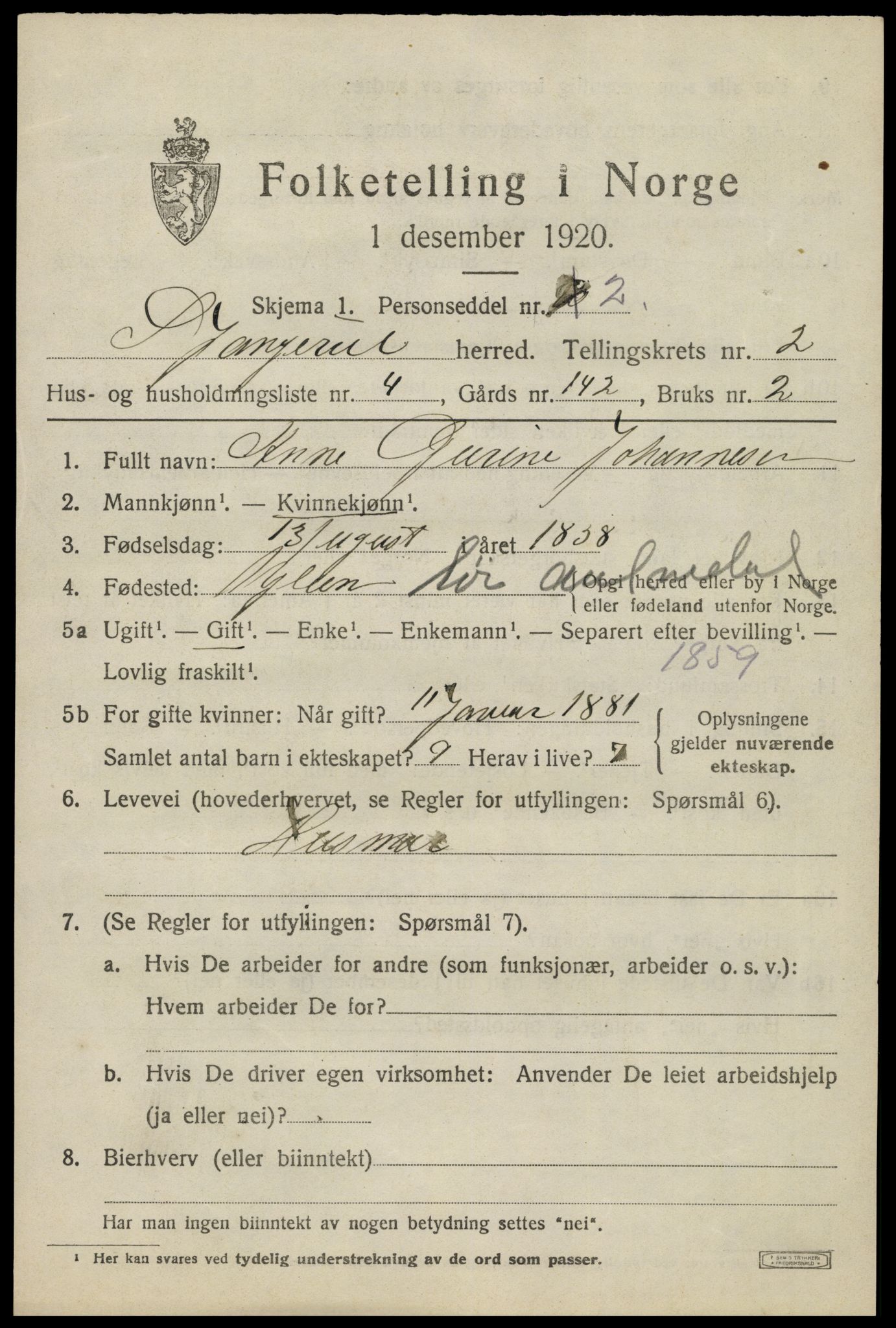 SAK, 1920 census for Spangereid, 1920, p. 1077