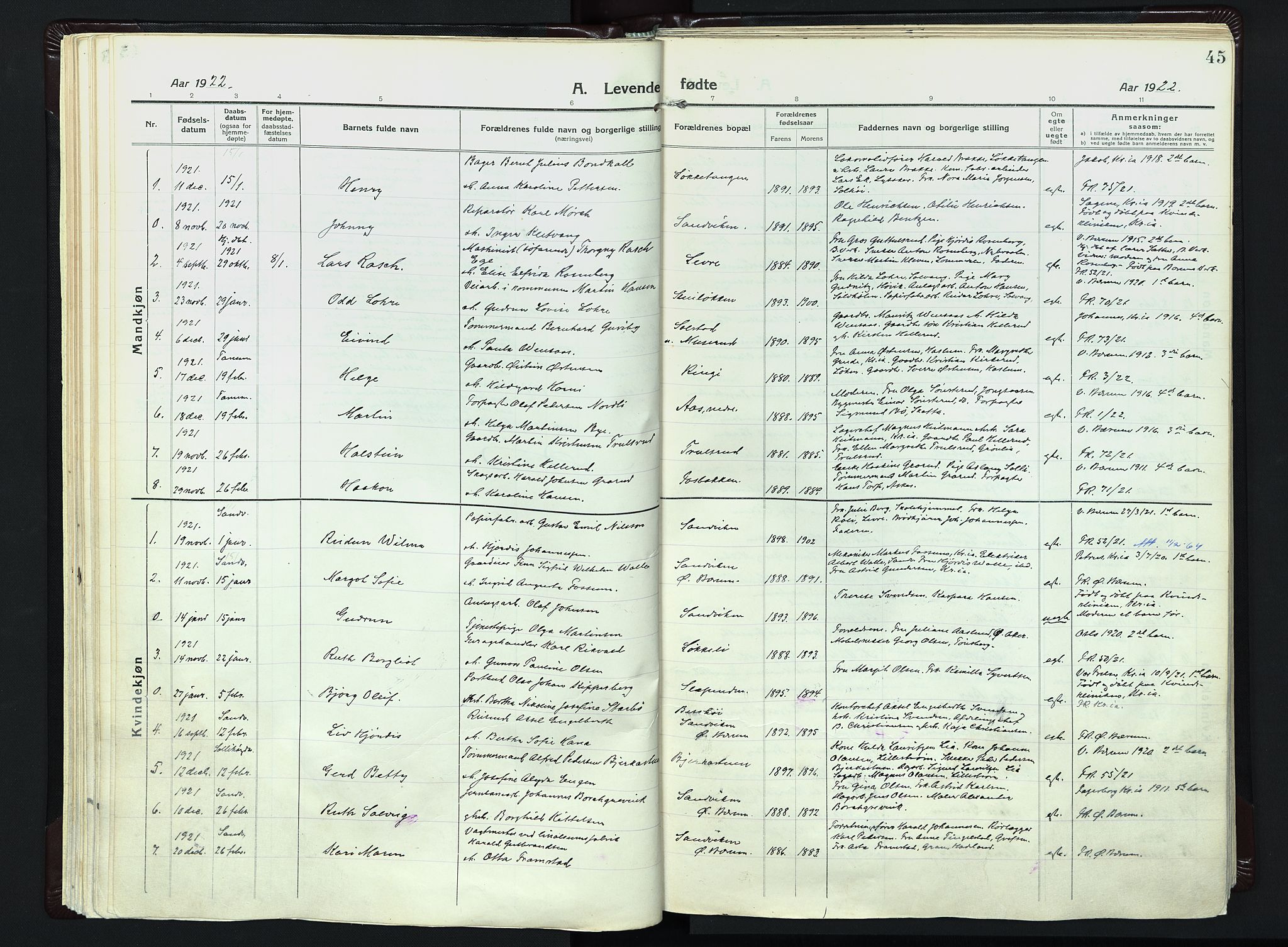Vestre Bærum prestekontor Kirkebøker, SAO/A-10209a/F/Fa/L0003: Parish register (official) no. 3, 1916-1930, p. 45