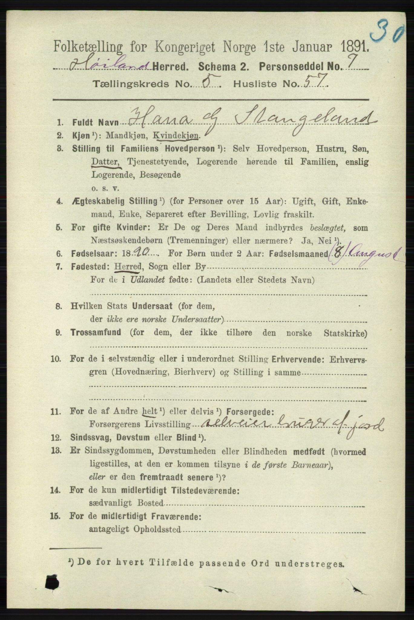 RA, 1891 census for 1123 Høyland, 1891, p. 1911