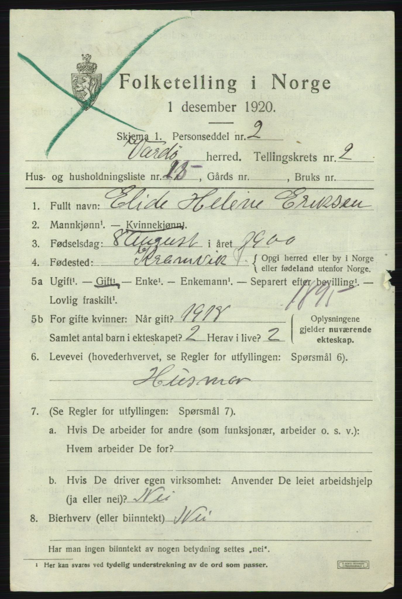 SATØ, 1920 census for Vardø rural district, 1920, p. 786