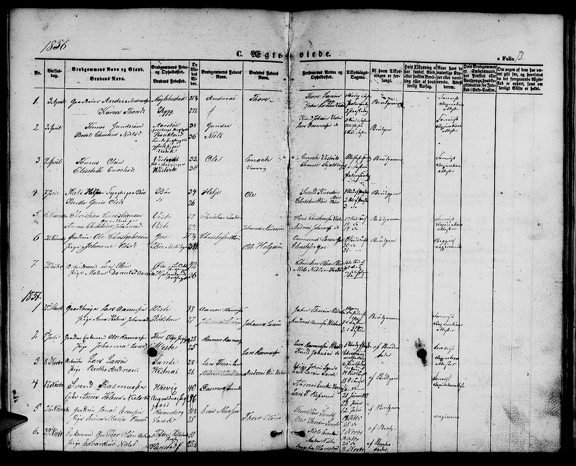 Hetland sokneprestkontor, SAST/A-101826/30/30BB/L0002: Parish register (copy) no. B 2, 1856-1891, p. 73