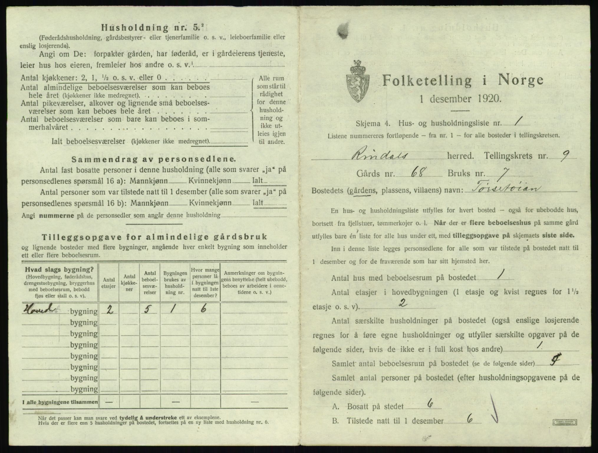SAT, 1920 census for Rindal, 1920, p. 626
