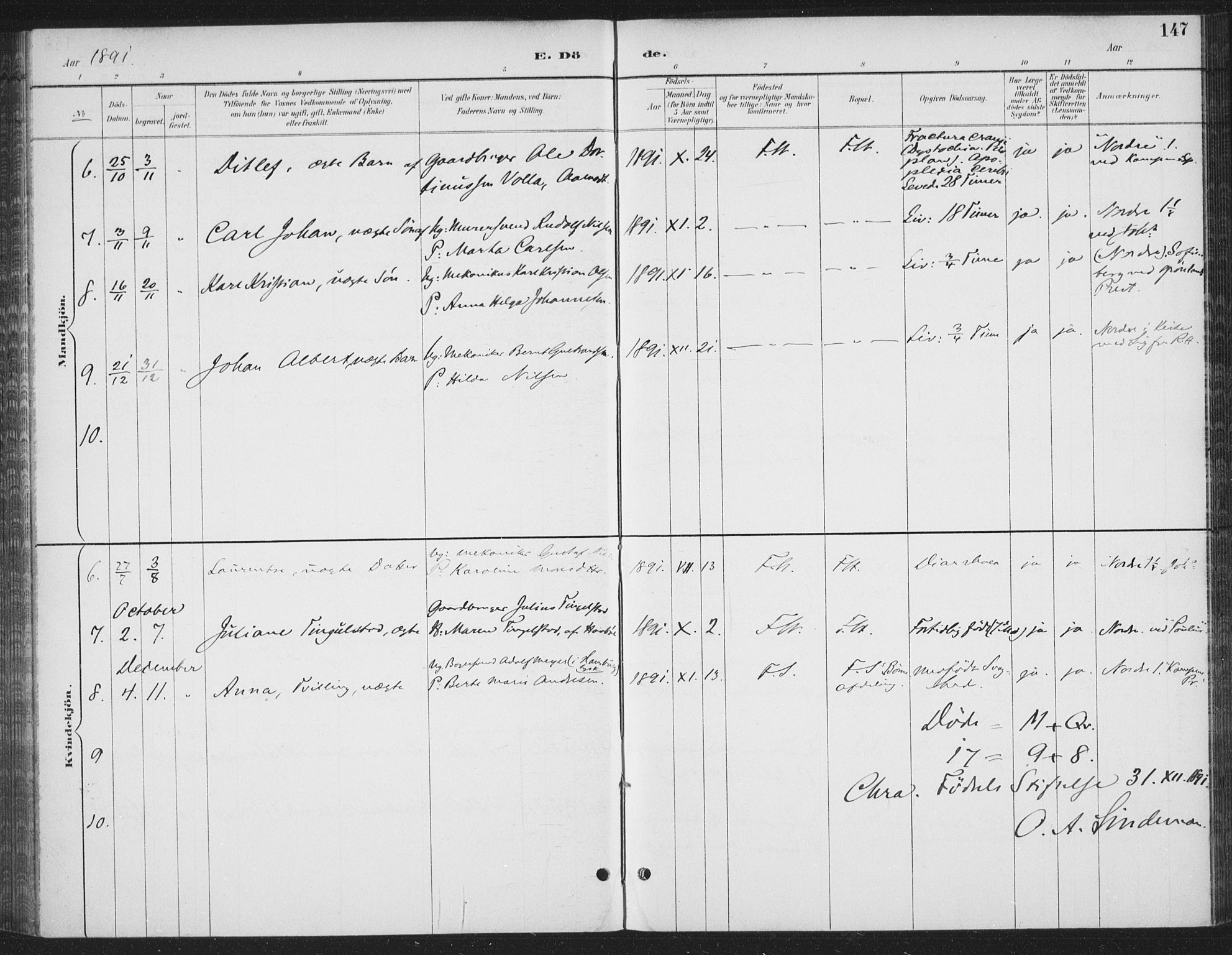 Rikshospitalet prestekontor Kirkebøker, SAO/A-10309b/F/L0010: Parish register (official) no. 10, 1888-1912, p. 147
