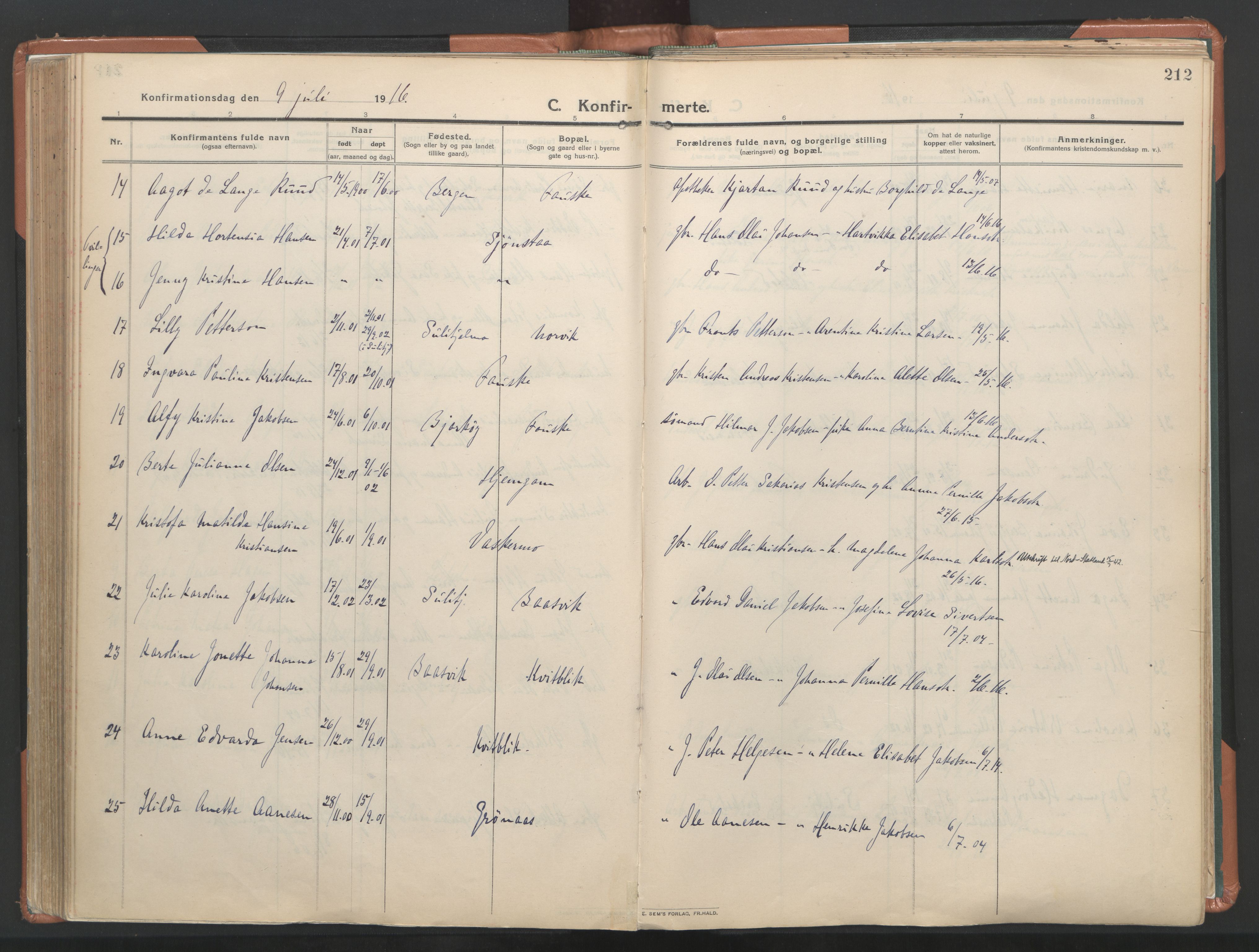 Ministerialprotokoller, klokkerbøker og fødselsregistre - Nordland, AV/SAT-A-1459/849/L0698: Parish register (official) no. 849A09, 1911-1924, p. 212