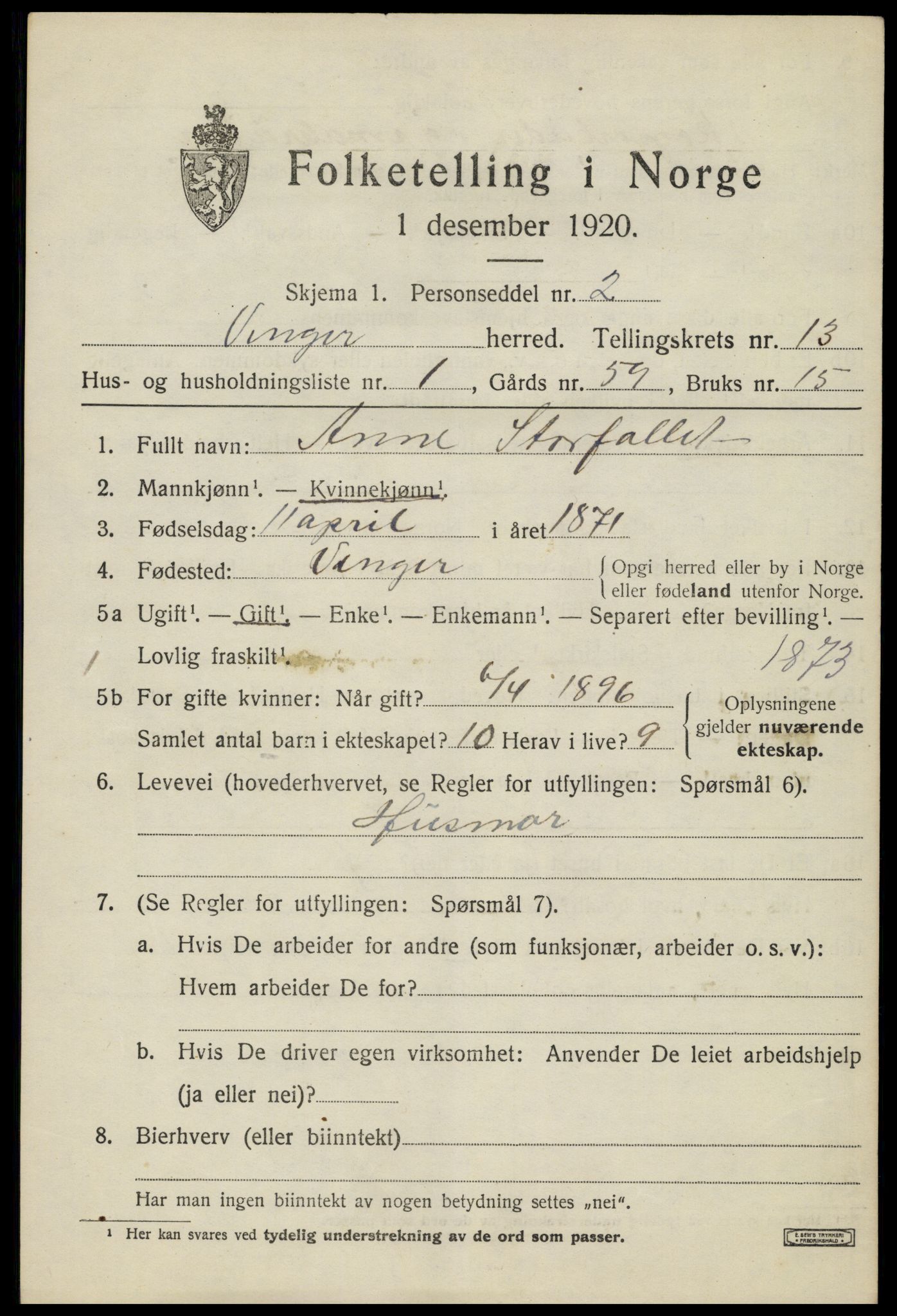 SAH, 1920 census for Vinger, 1920, p. 11086