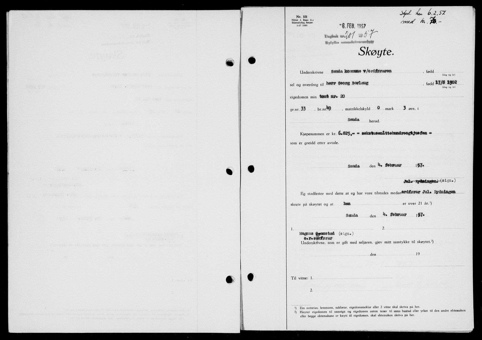 Ryfylke tingrett, SAST/A-100055/001/II/IIB/L0135: Mortgage book no. 114, 1956-1957, Diary no: : 201/1957