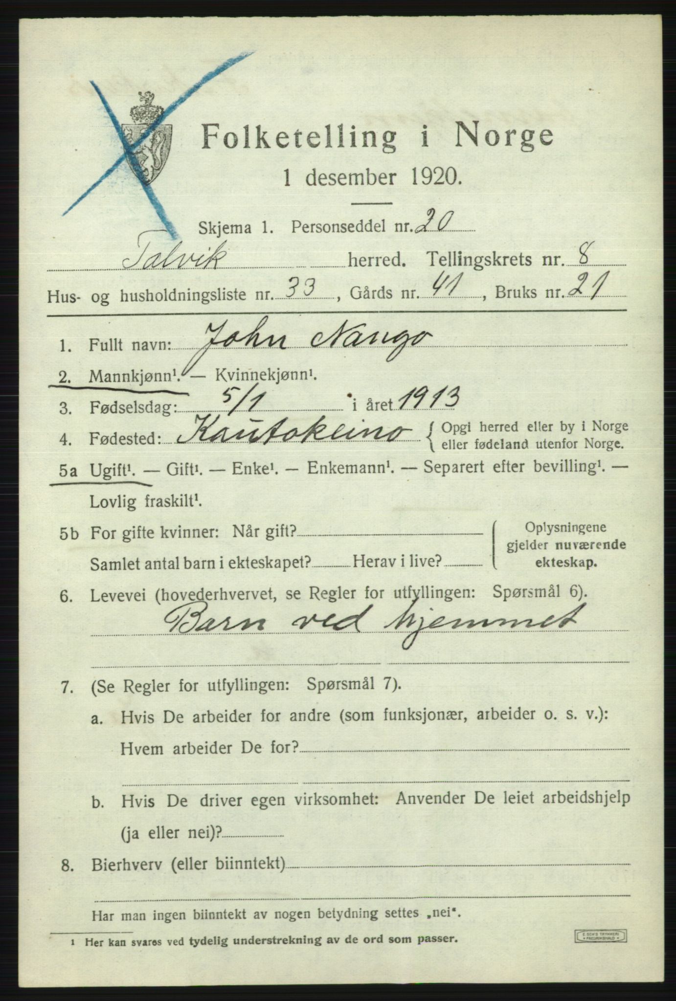 SATØ, 1920 census for Talvik, 1920, p. 5372