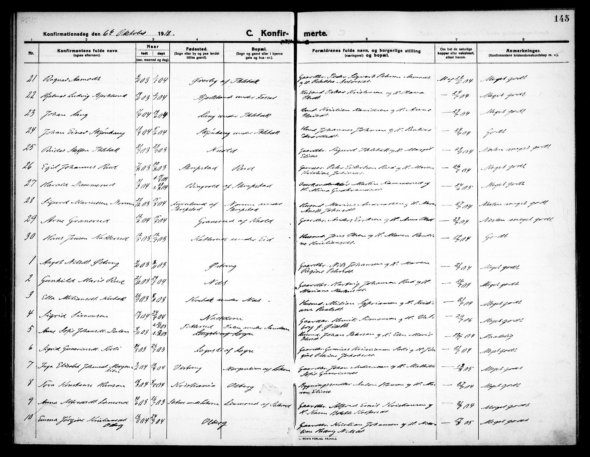 Høland prestekontor Kirkebøker, SAO/A-10346a/F/Fa/L0016: Parish register (official) no. I 16, 1912-1921, p. 145