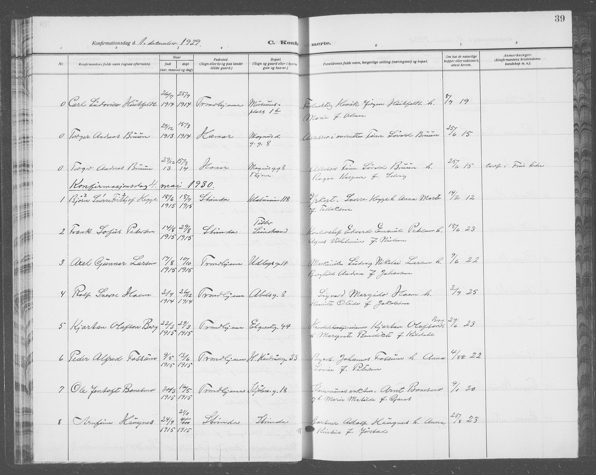 Ministerialprotokoller, klokkerbøker og fødselsregistre - Sør-Trøndelag, SAT/A-1456/601/L0099: Parish register (copy) no. 601C17, 1928-1941, p. 39
