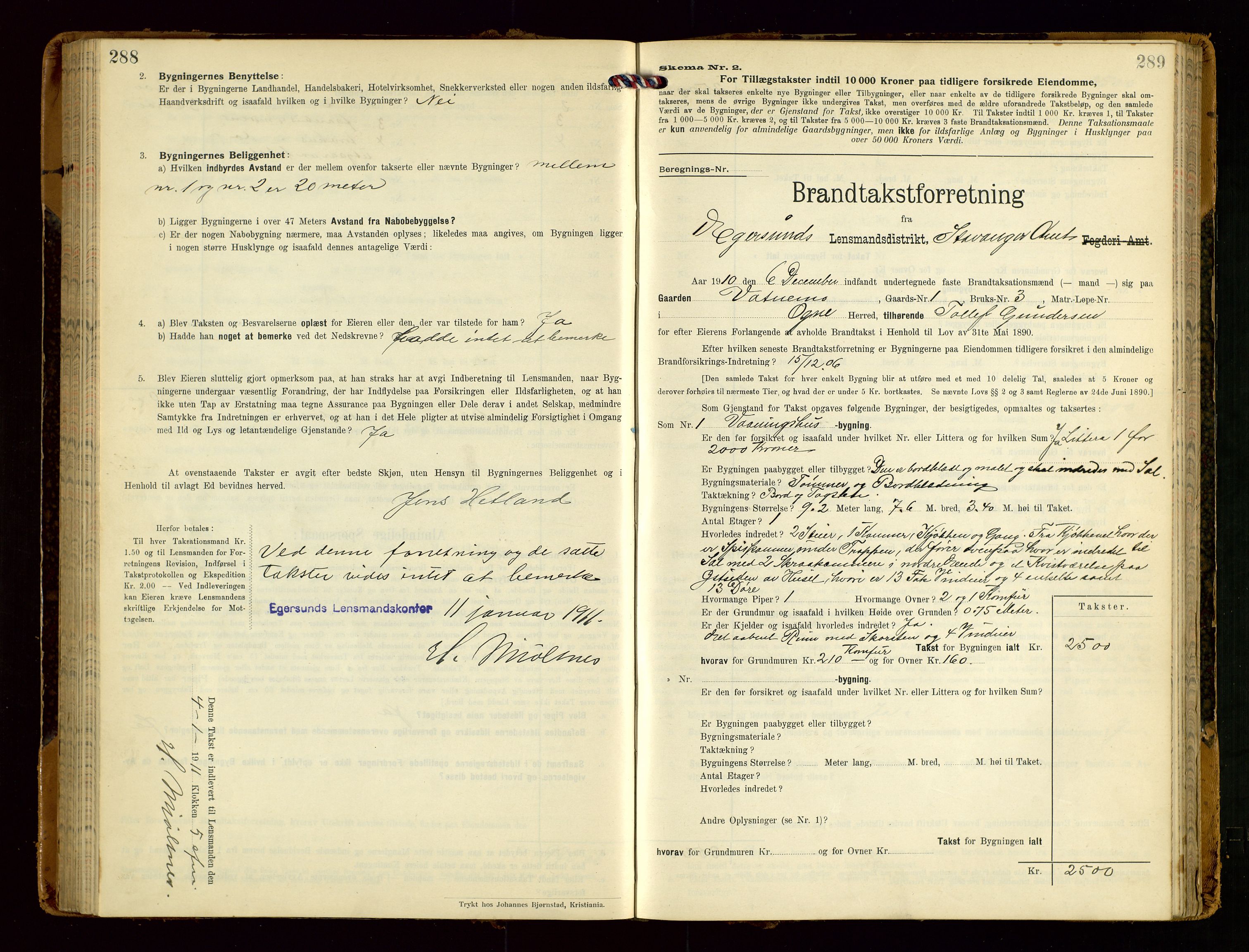 Eigersund lensmannskontor, SAST/A-100171/Gob/L0002: "Brandtakstprotokol", 1910-1916, p. 288-289