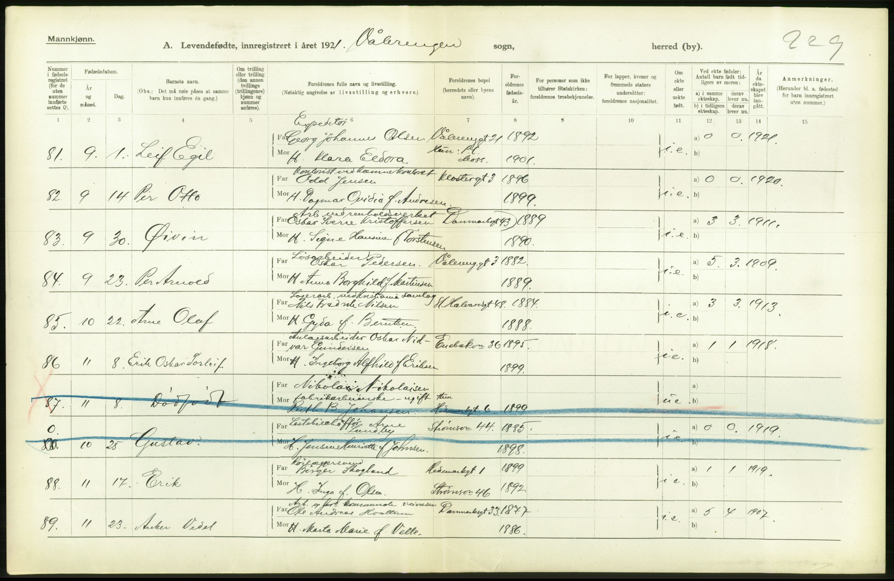 Statistisk sentralbyrå, Sosiodemografiske emner, Befolkning, RA/S-2228/D/Df/Dfc/Dfca/L0009: Kristiania: Levendefødte menn og kvinner., 1921, p. 180