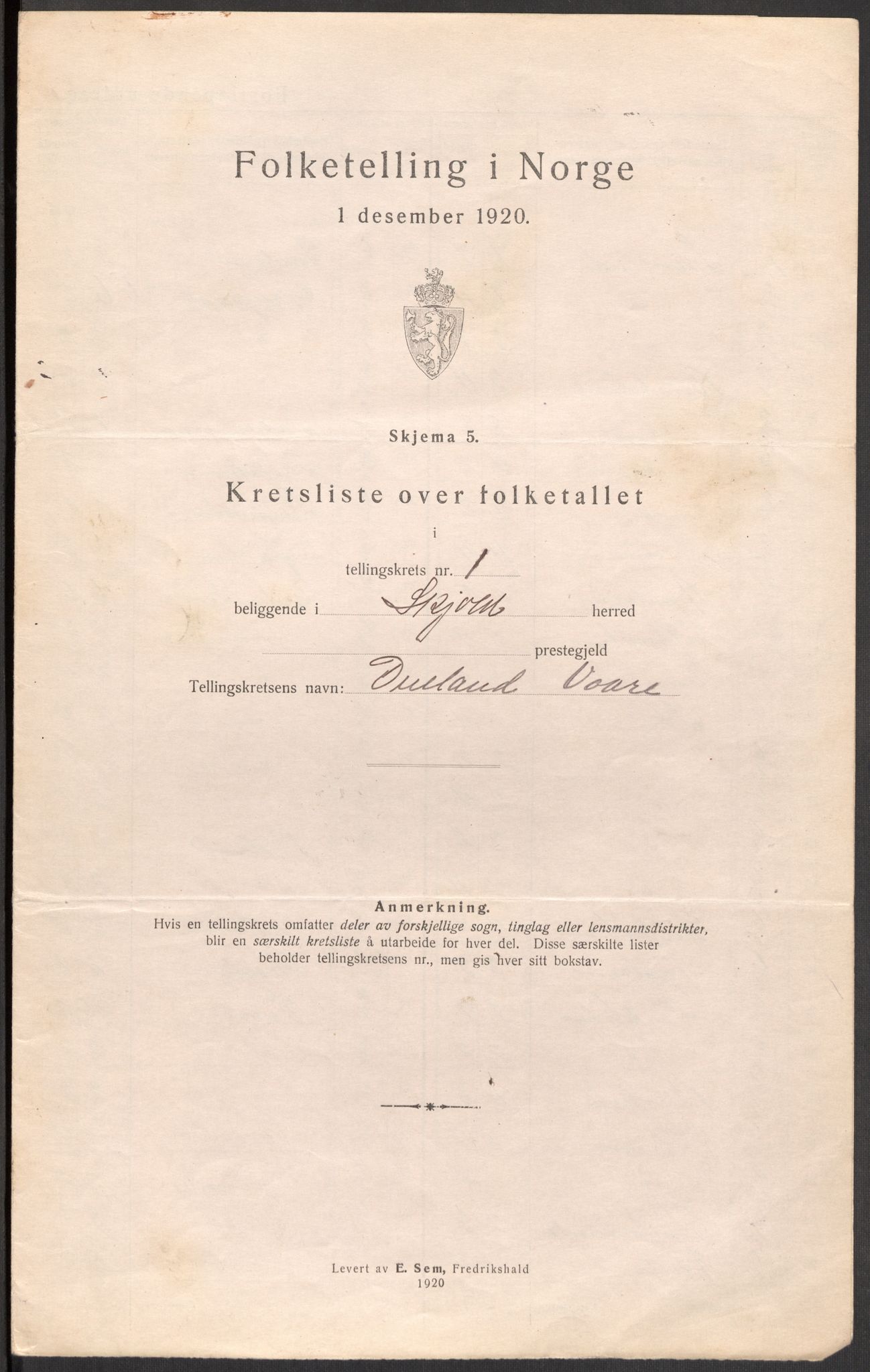 SAST, 1920 census for Skjold, 1920, p. 7