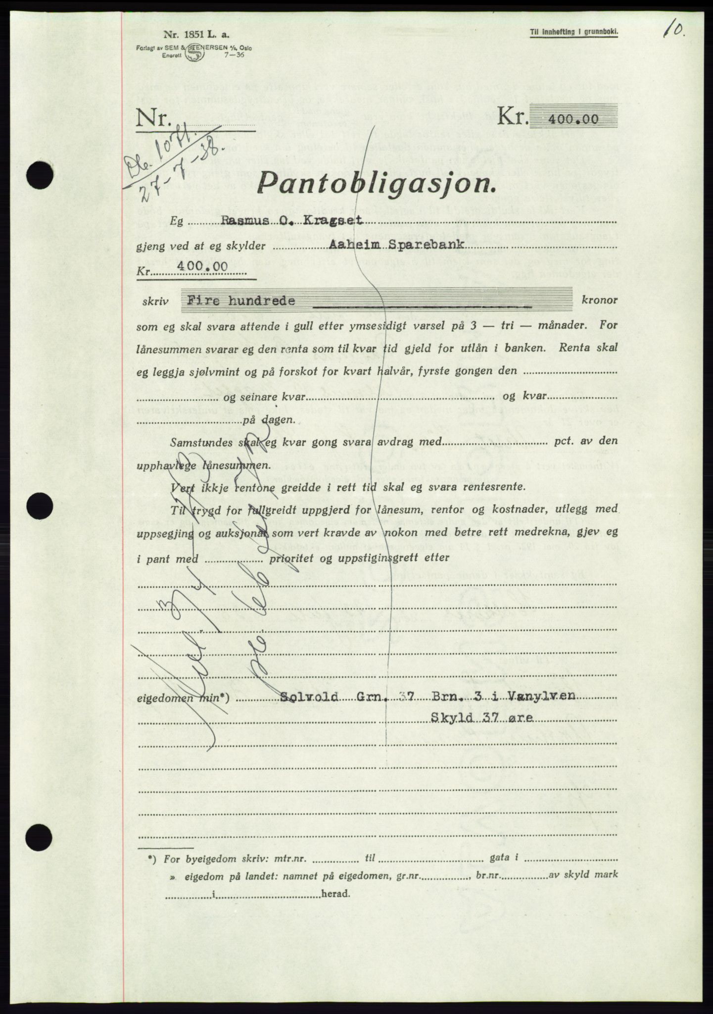 Søre Sunnmøre sorenskriveri, AV/SAT-A-4122/1/2/2C/L0066: Mortgage book no. 60, 1938-1938, Diary no: : 1071/1938