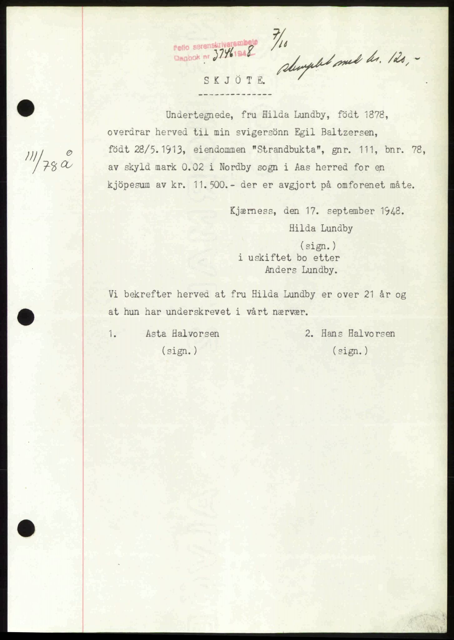 Follo sorenskriveri, SAO/A-10274/G/Ga/Gaa/L0085: Mortgage book no. I 85, 1948-1948, Diary no: : 3746/1948