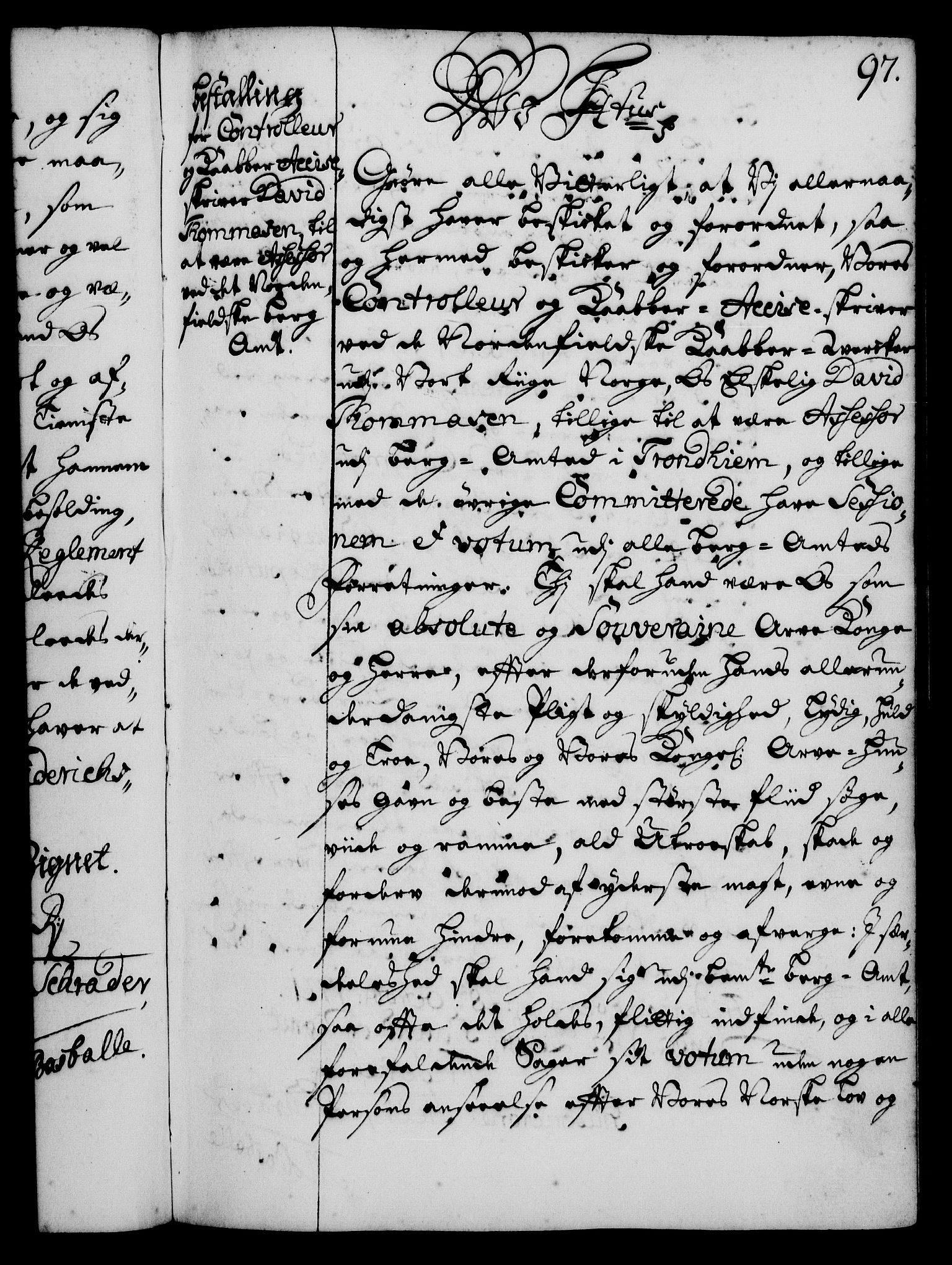 Rentekammeret, Kammerkanselliet, RA/EA-3111/G/Gg/Gge/L0001: Norsk bestallingsprotokoll med register (merket RK 53.25), 1720-1730, p. 97
