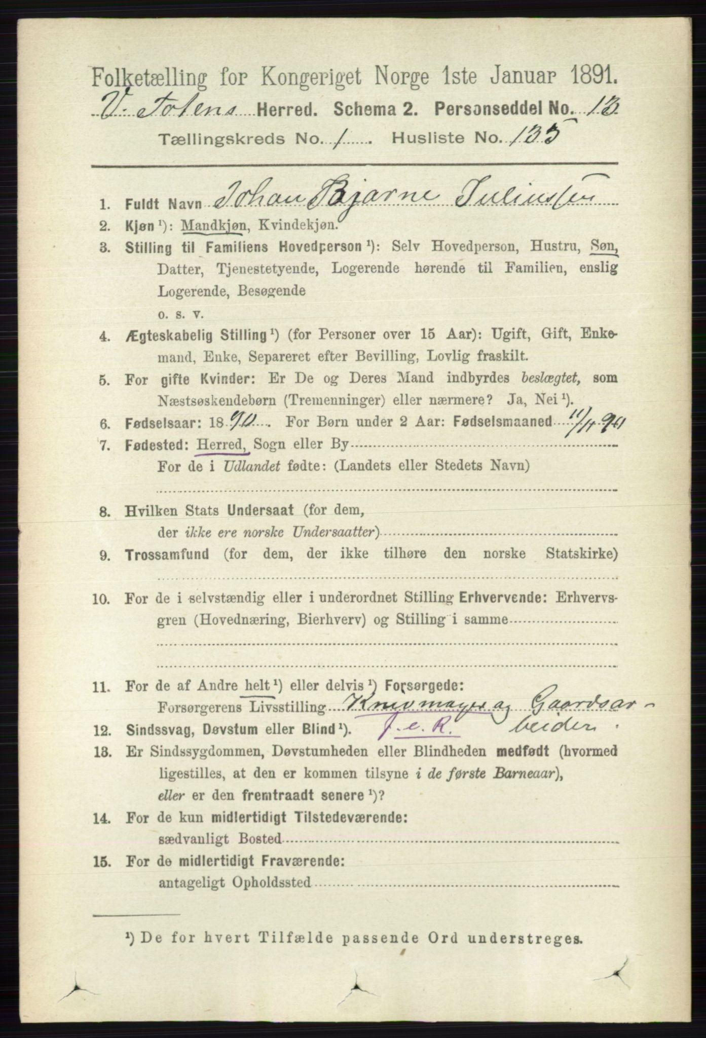 RA, 1891 census for 0529 Vestre Toten, 1891, p. 1233