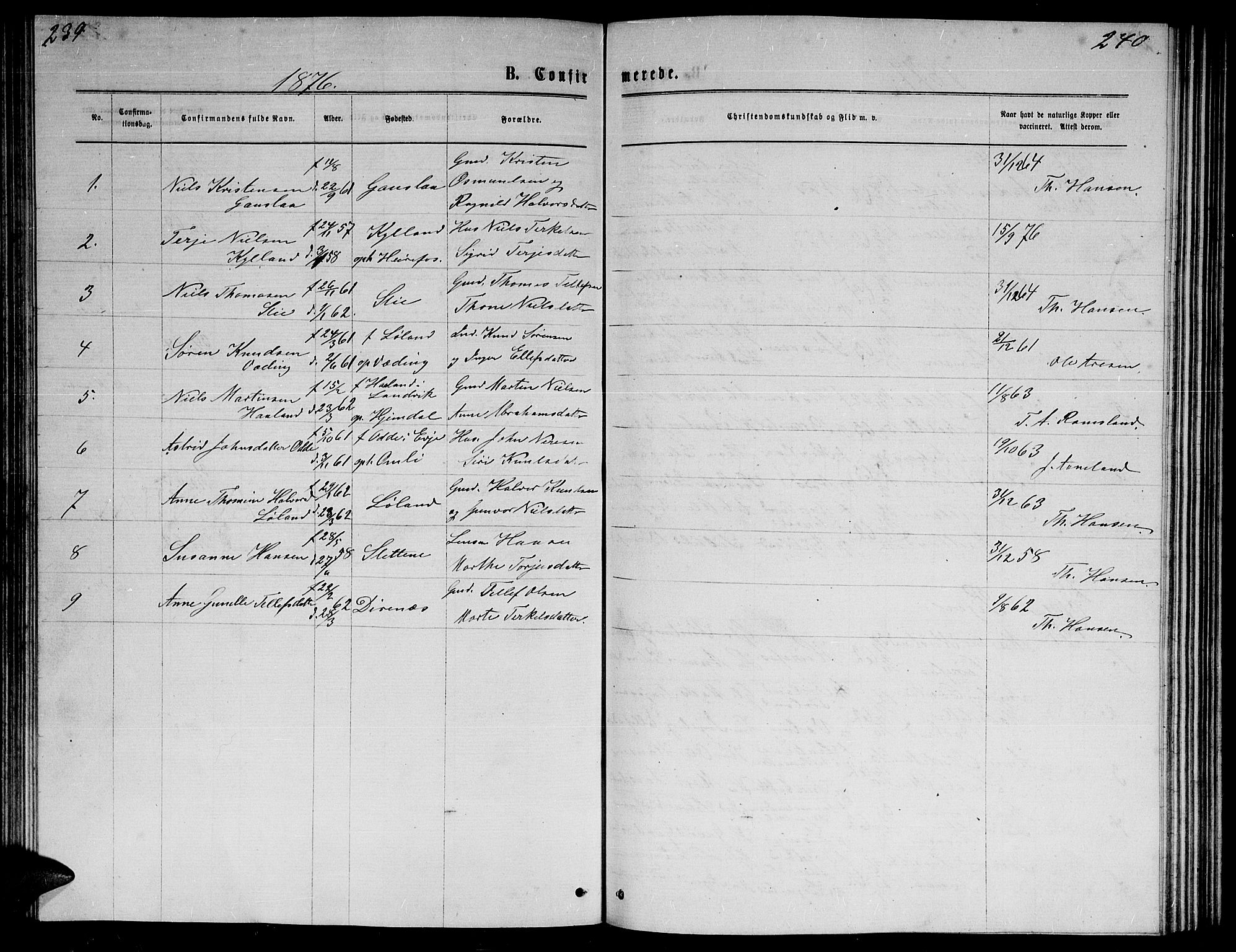 Herefoss sokneprestkontor, SAK/1111-0019/F/Fb/Fba/L0002: Parish register (copy) no. B 2, 1868-1886, p. 239-240