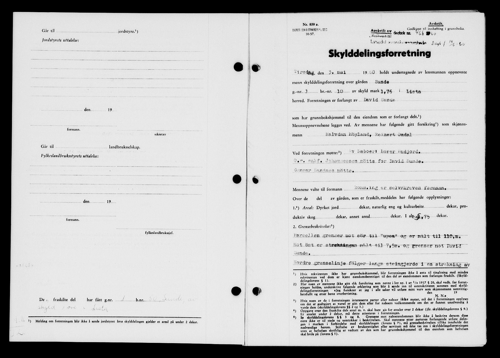 Lyngdal sorenskriveri, AV/SAK-1221-0004/G/Gb/L0680: Mortgage book no. A XXVI, 1960-1960, Diary no: : 468/1960