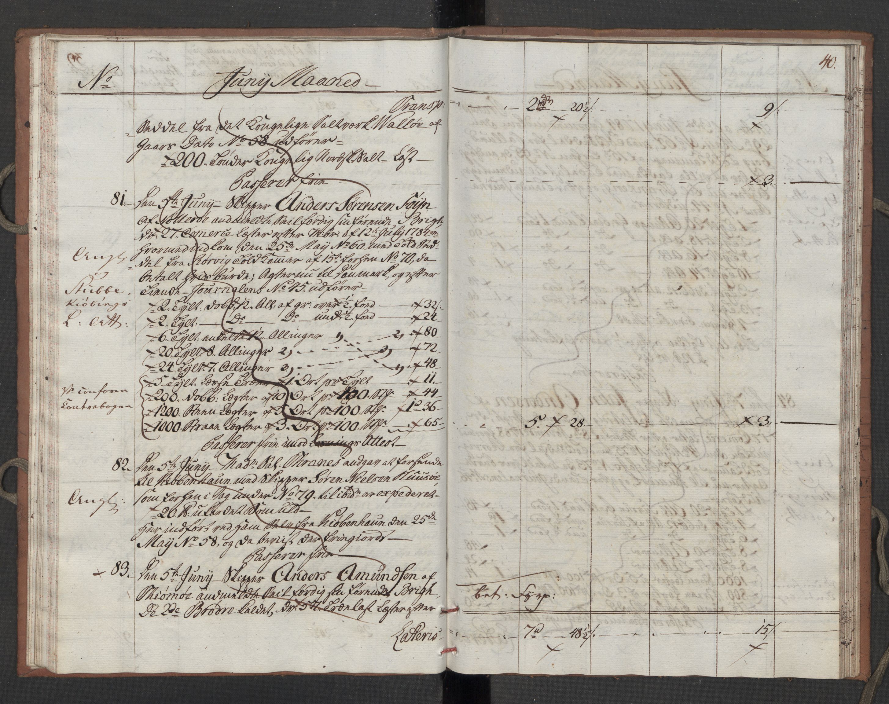 Generaltollkammeret, tollregnskaper, AV/RA-EA-5490/R10/L0052/0002: Tollregnskaper Tønsberg / Utgående tollbok, 1790, p. 39b-40a