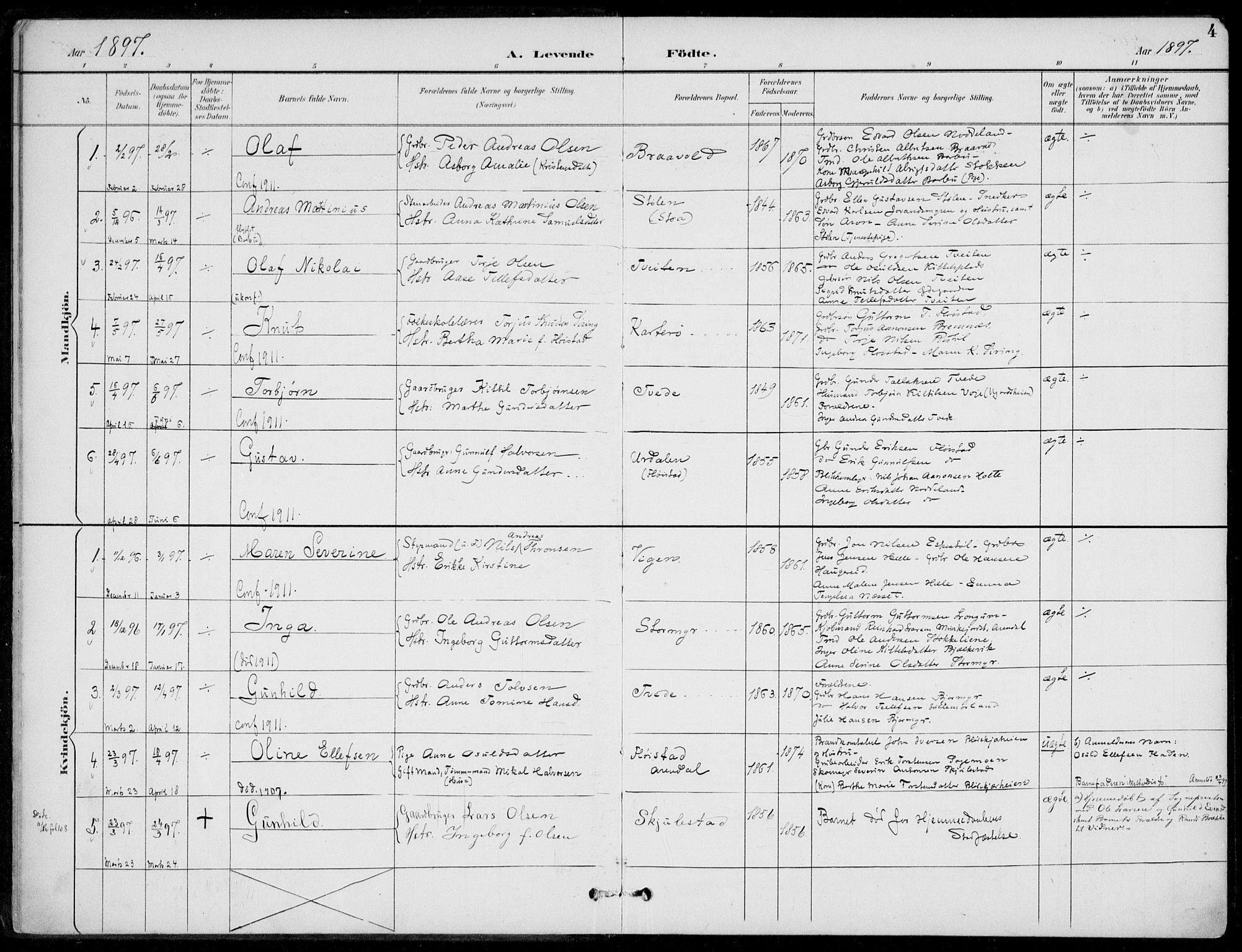 Austre Moland sokneprestkontor, SAK/1111-0001/F/Fa/Faa/L0011: Parish register (official) no. A 11, 1894-1915, p. 4
