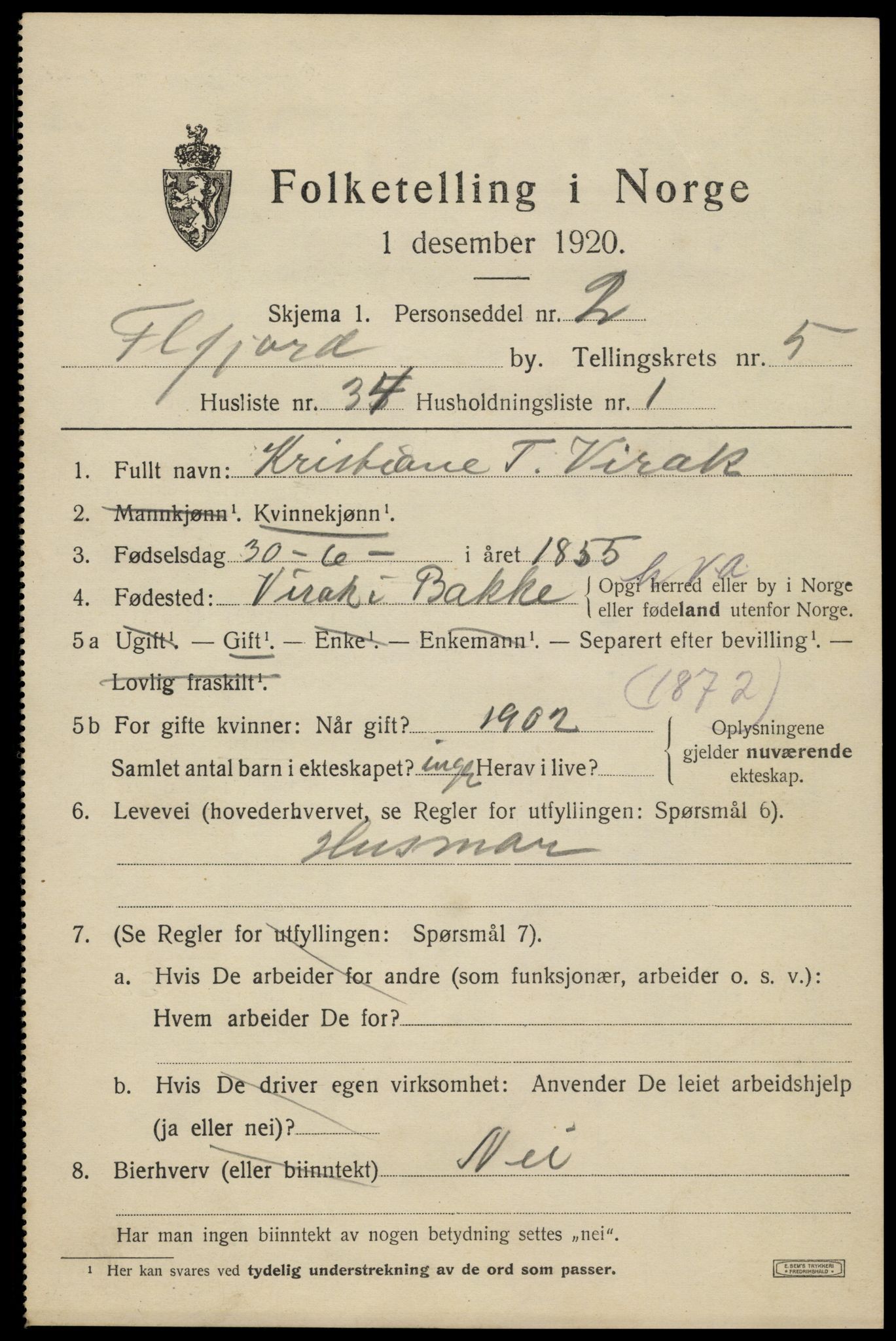 SAK, 1920 census for Flekkefjord, 1920, p. 5728