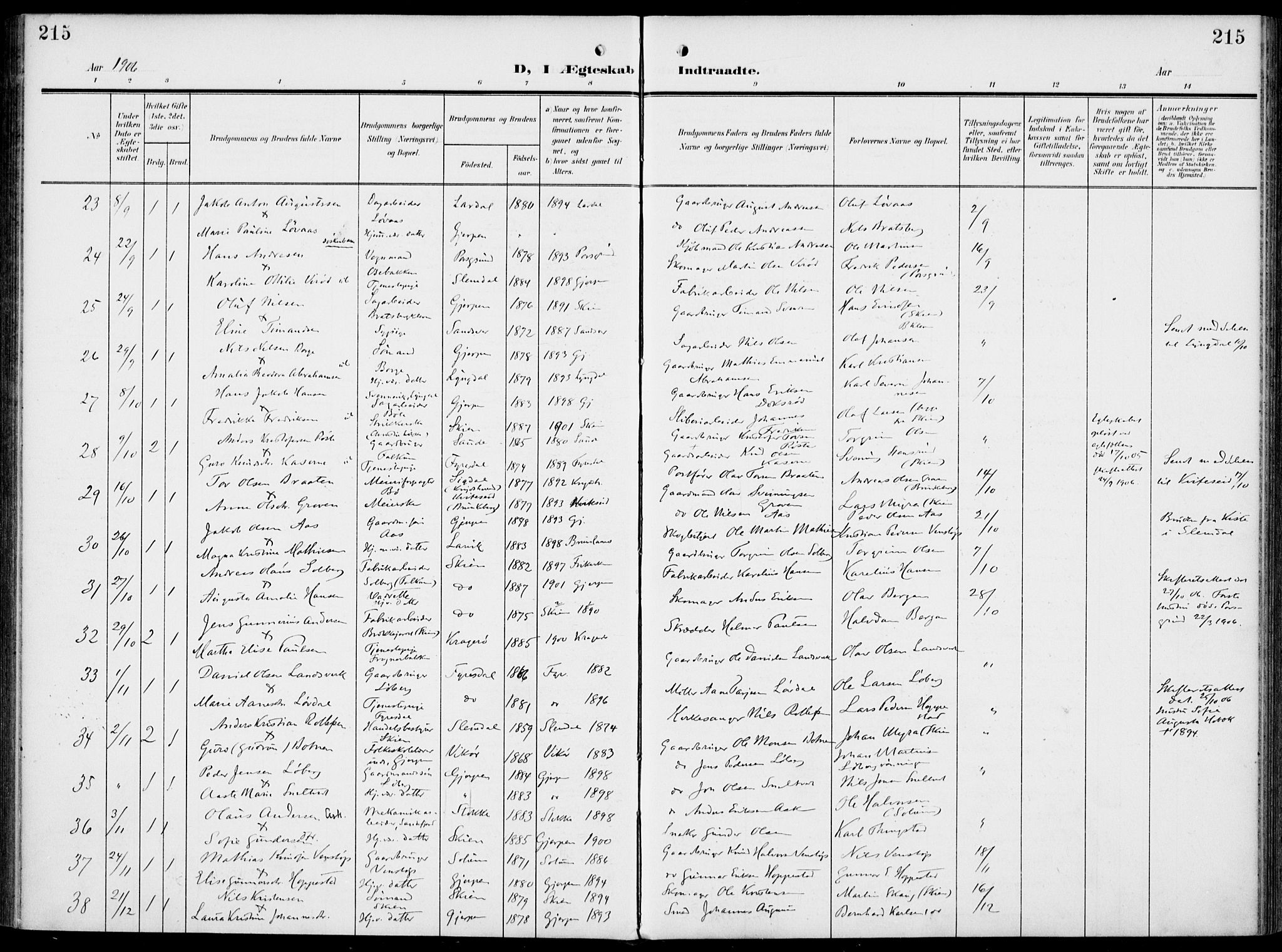 Gjerpen kirkebøker, SAKO/A-265/F/Fa/L0012: Parish register (official) no. I 12, 1905-1913, p. 215