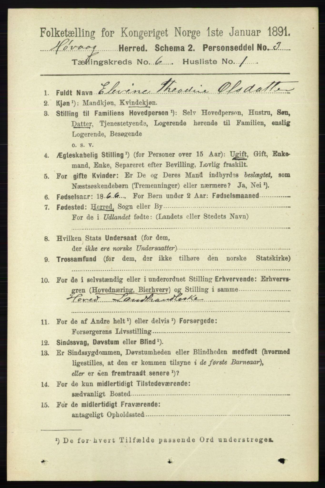 RA, 1891 census for 0927 Høvåg, 1891, p. 2218