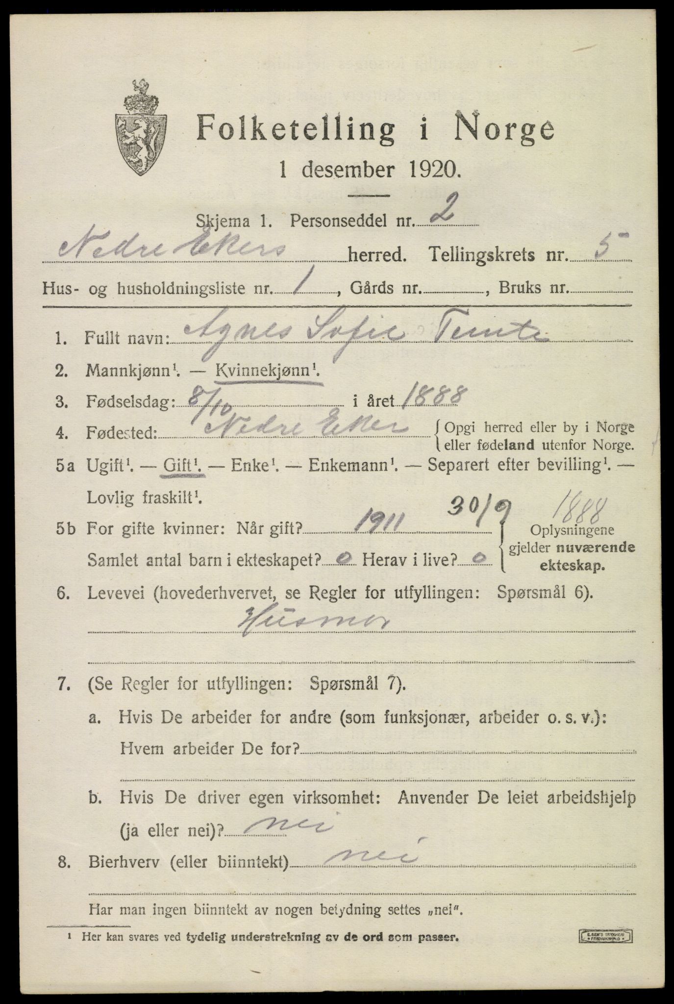 SAKO, 1920 census for Nedre Eiker, 1920, p. 5867